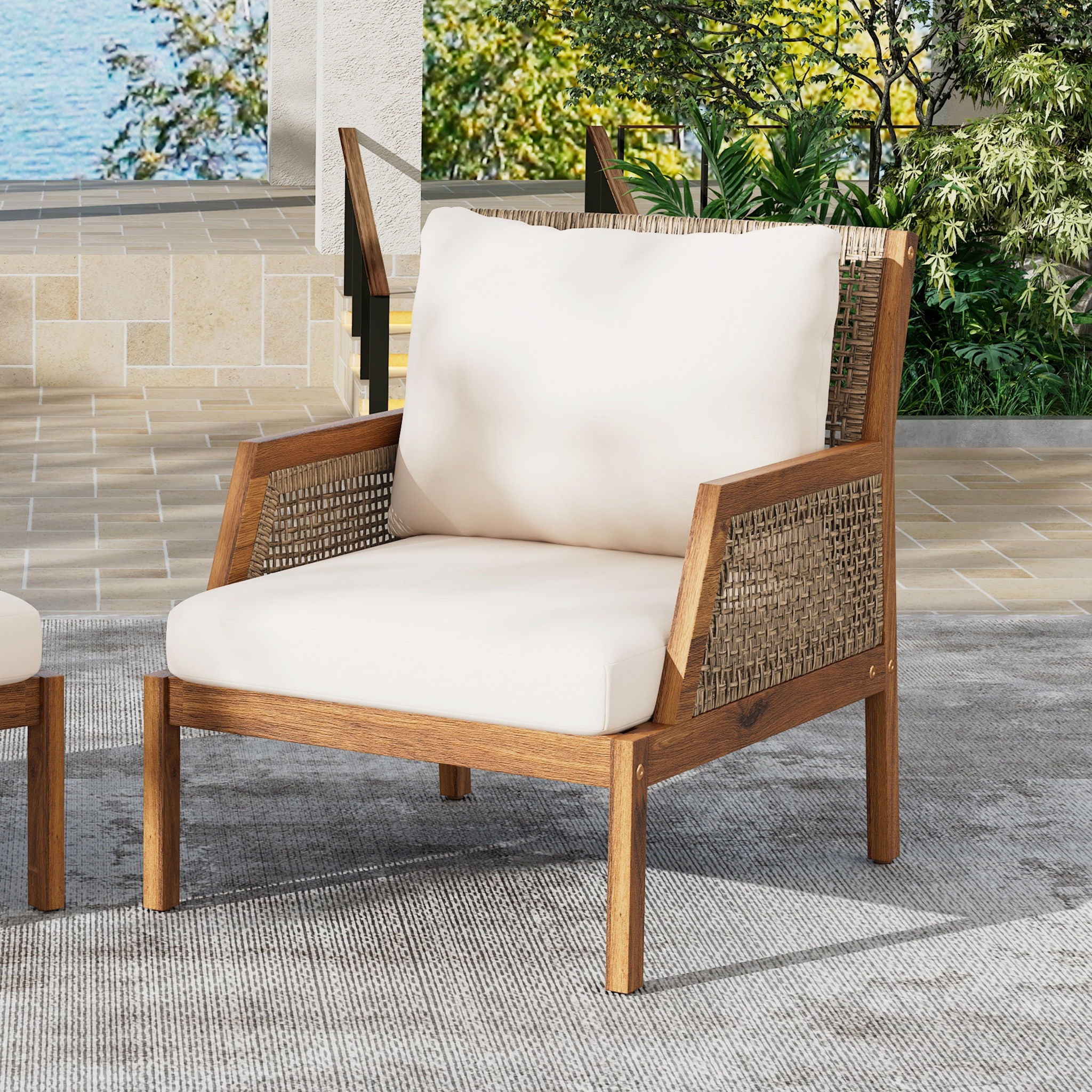 Acacia Wood Patio Furniture Club Chair, Outdoor Wicker Armchair, Deep Seating With Soft Cushions For Porch - Teak / Mix Brown