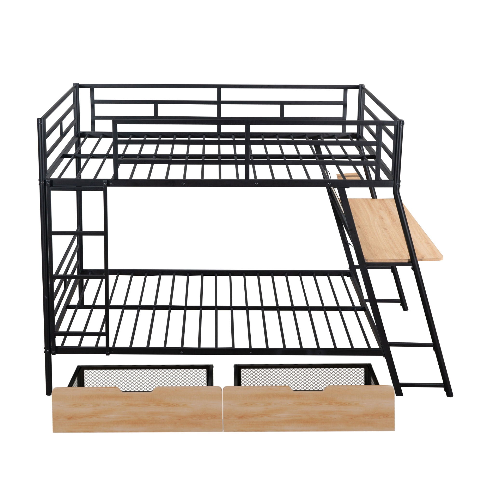 Full Size Bunk Bed With Built In Desk, Light, And 2 Drawers - Black