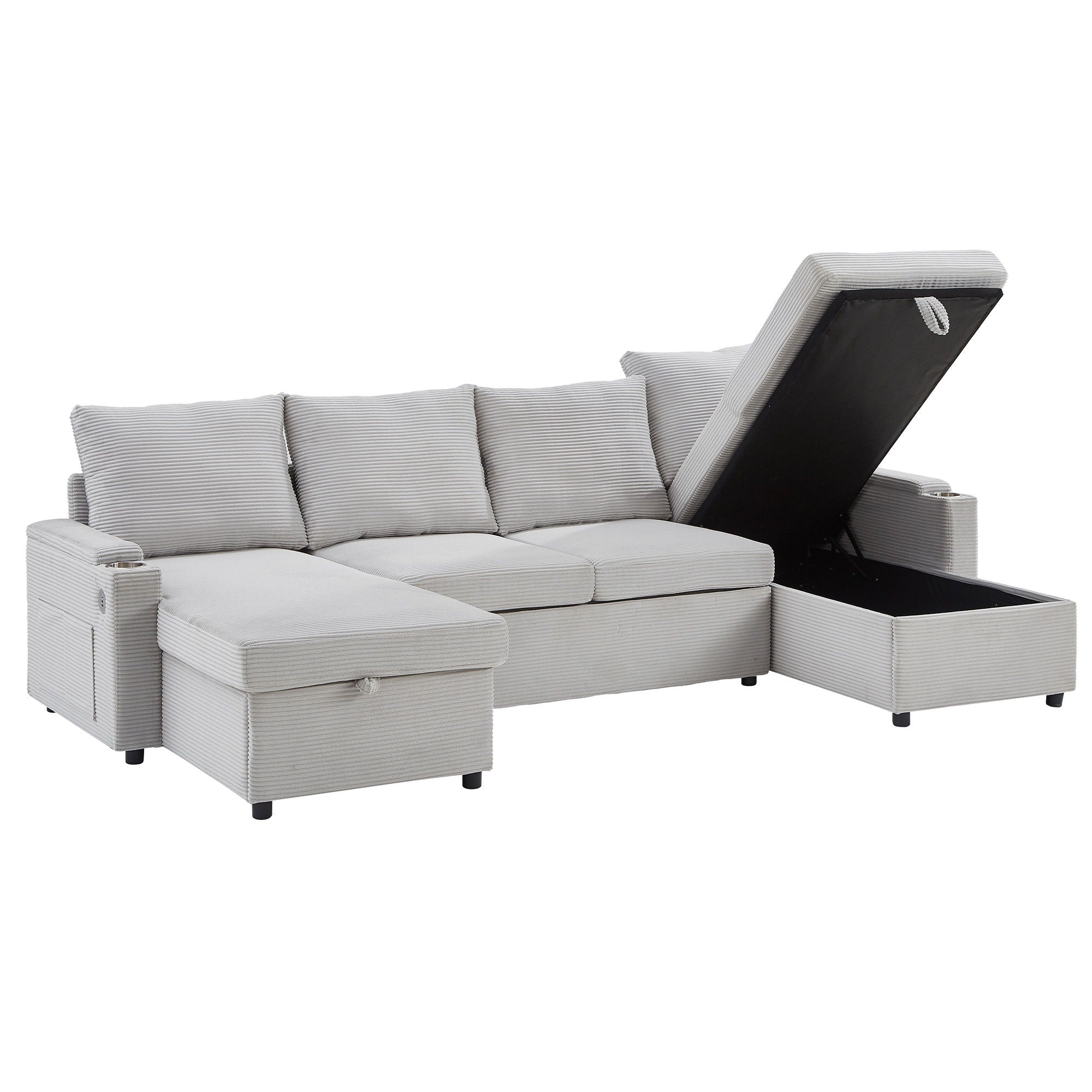 U Shaped Sectional Sofa Bed With Storage Chaise Lounges, USB Ports, And Cup Holders