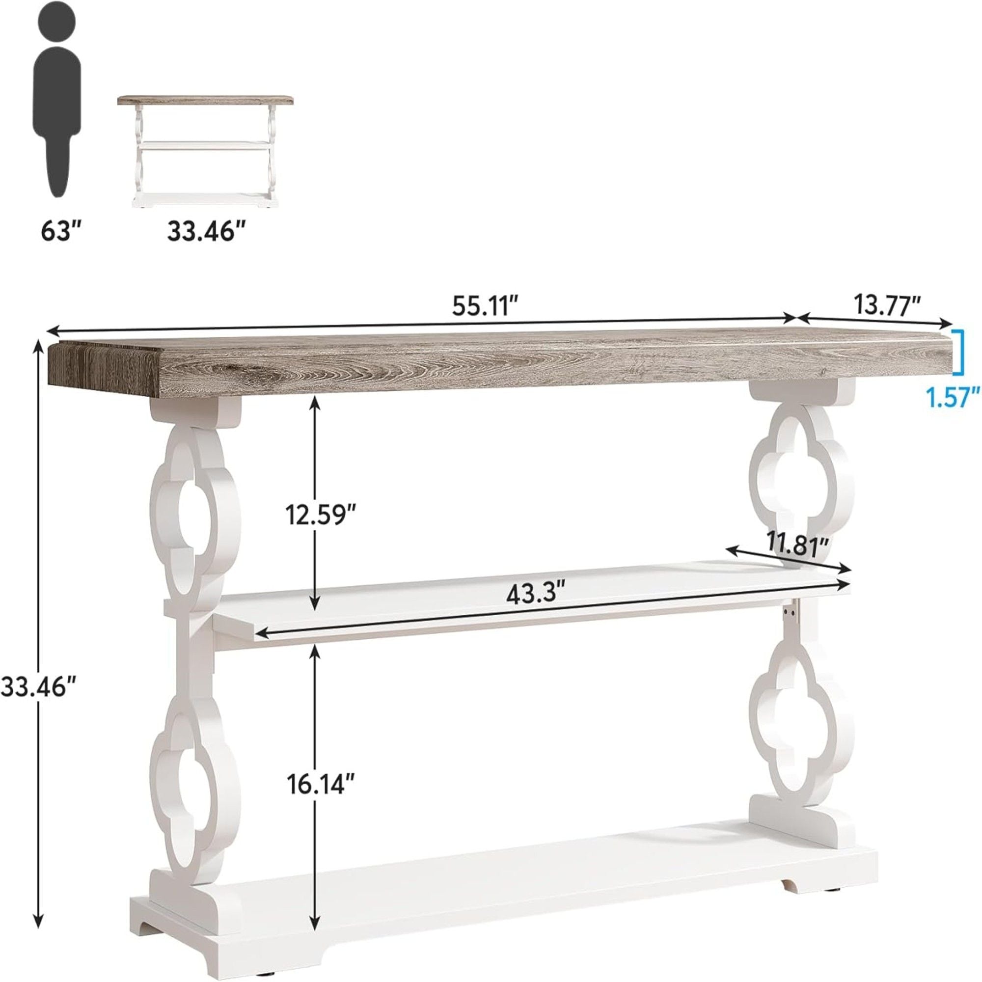 Console Sofa Table With 3 Shelves, Floral Carved Accent - Gray / White