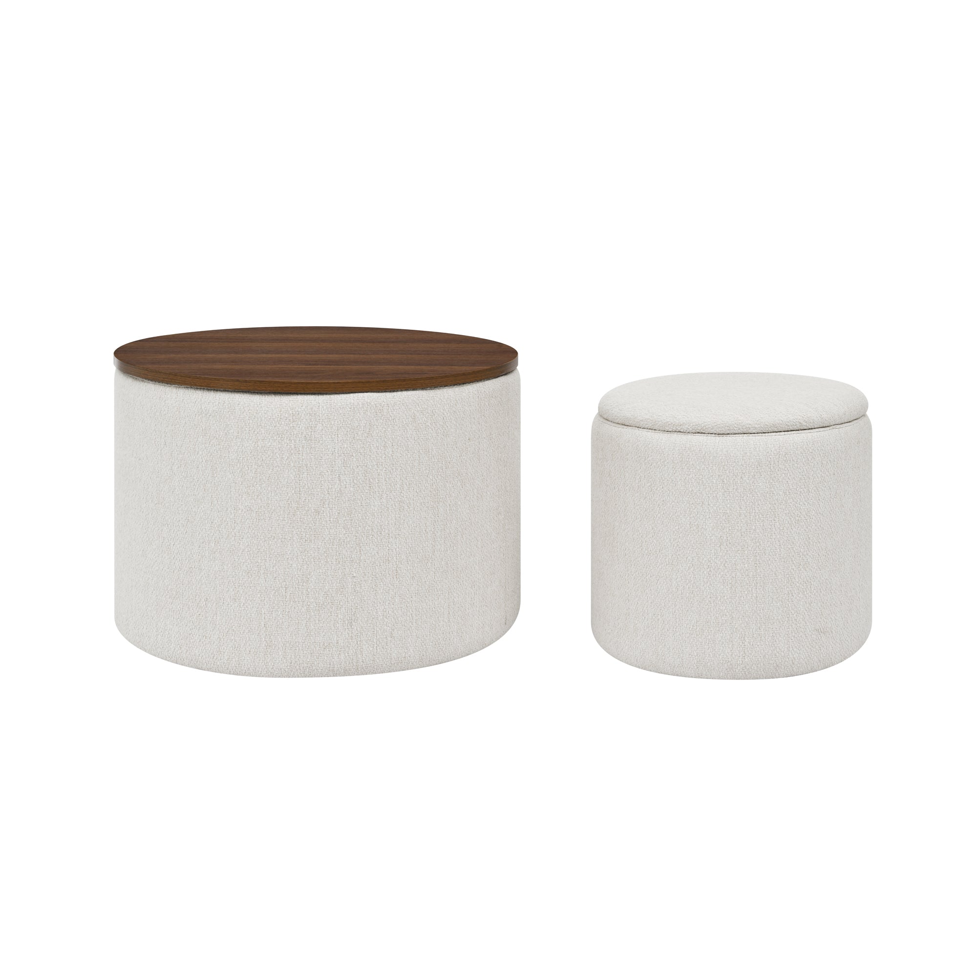 Classic 2-Piece Round Chenille Storage Ottoman Set with Drum Shaped Stool - Beige