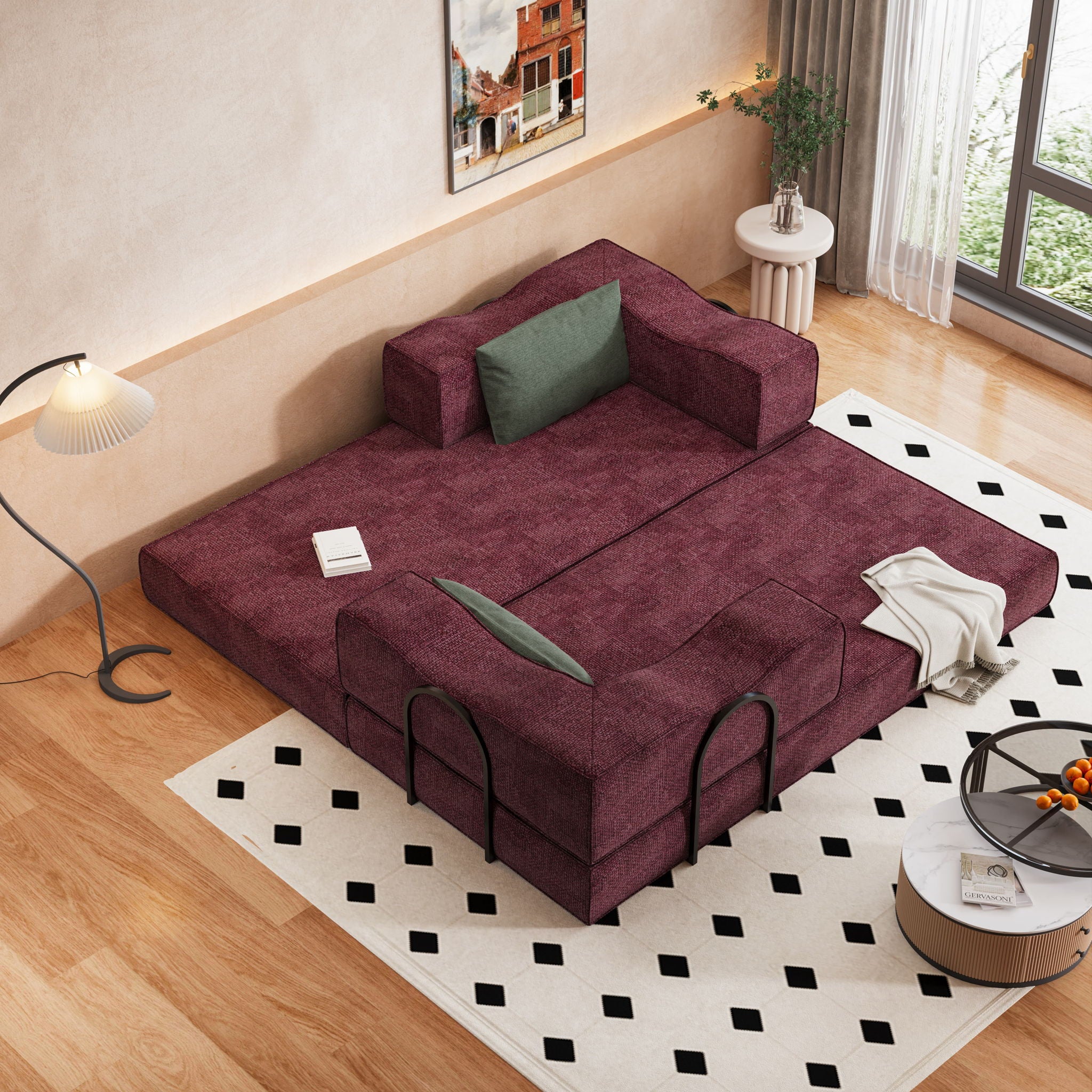Convertible Couch Bed With 2 Pillows, 3 Seat Folding Floor Couch & King Size Bed Mattress, Diy Combination - Burgundy