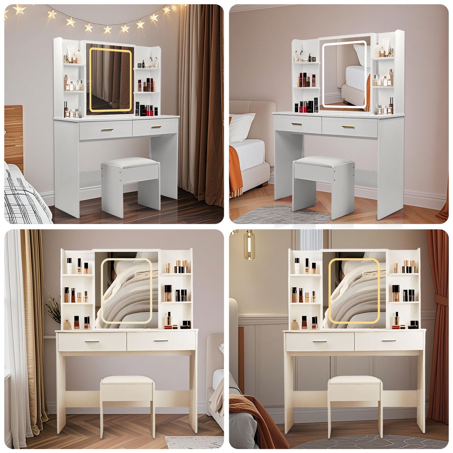 Vanity Desk With Mirror And LED Lights 3 Lighting Modes And Power Outlet 2 Spacious Drawers And Stool - White - Best Buy Furniture