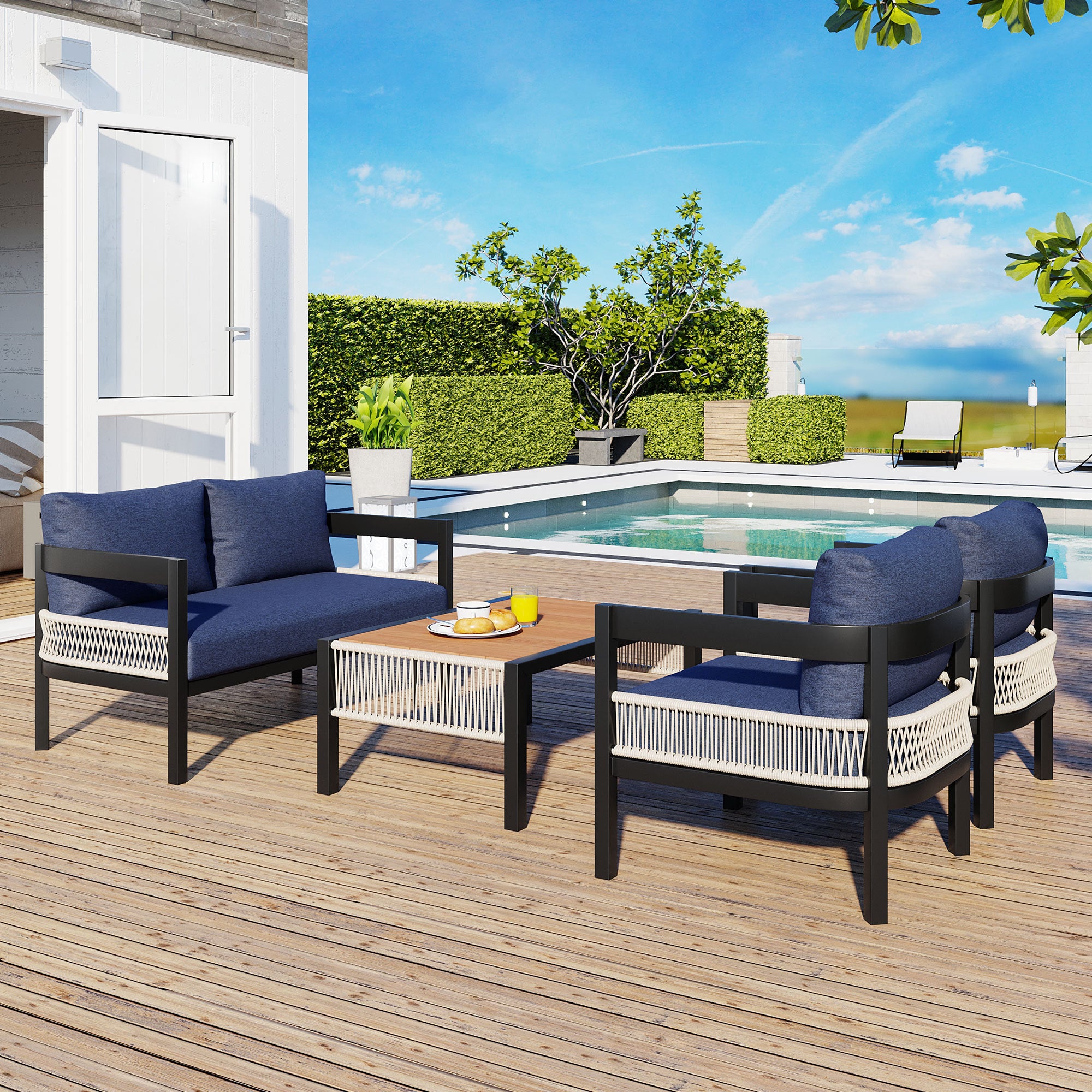 Capri 4-Piece Outdoor Set in Blue with Cream Wicker