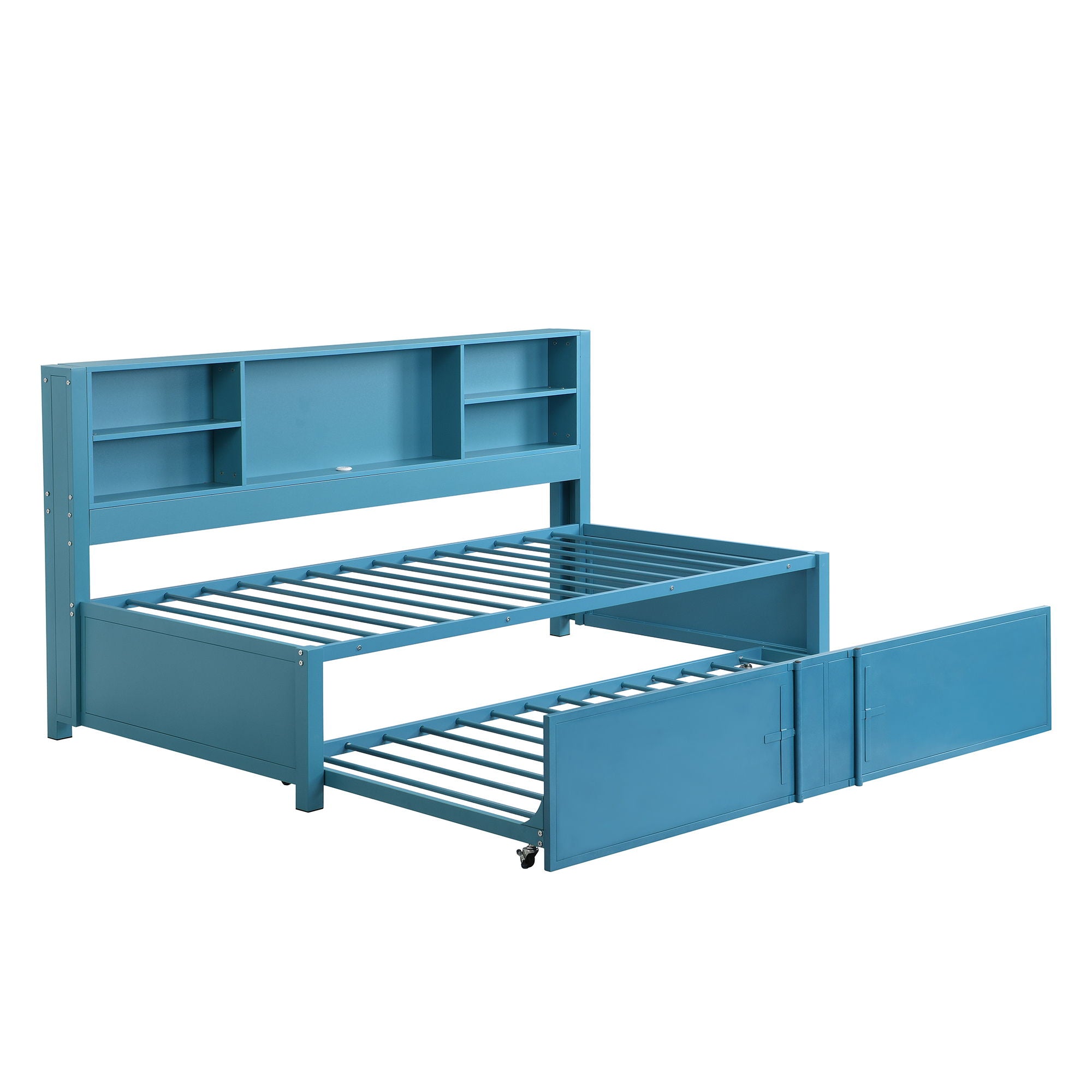 Industrial Metal Daybed With Trundle, Storage Shelves, USB Ports