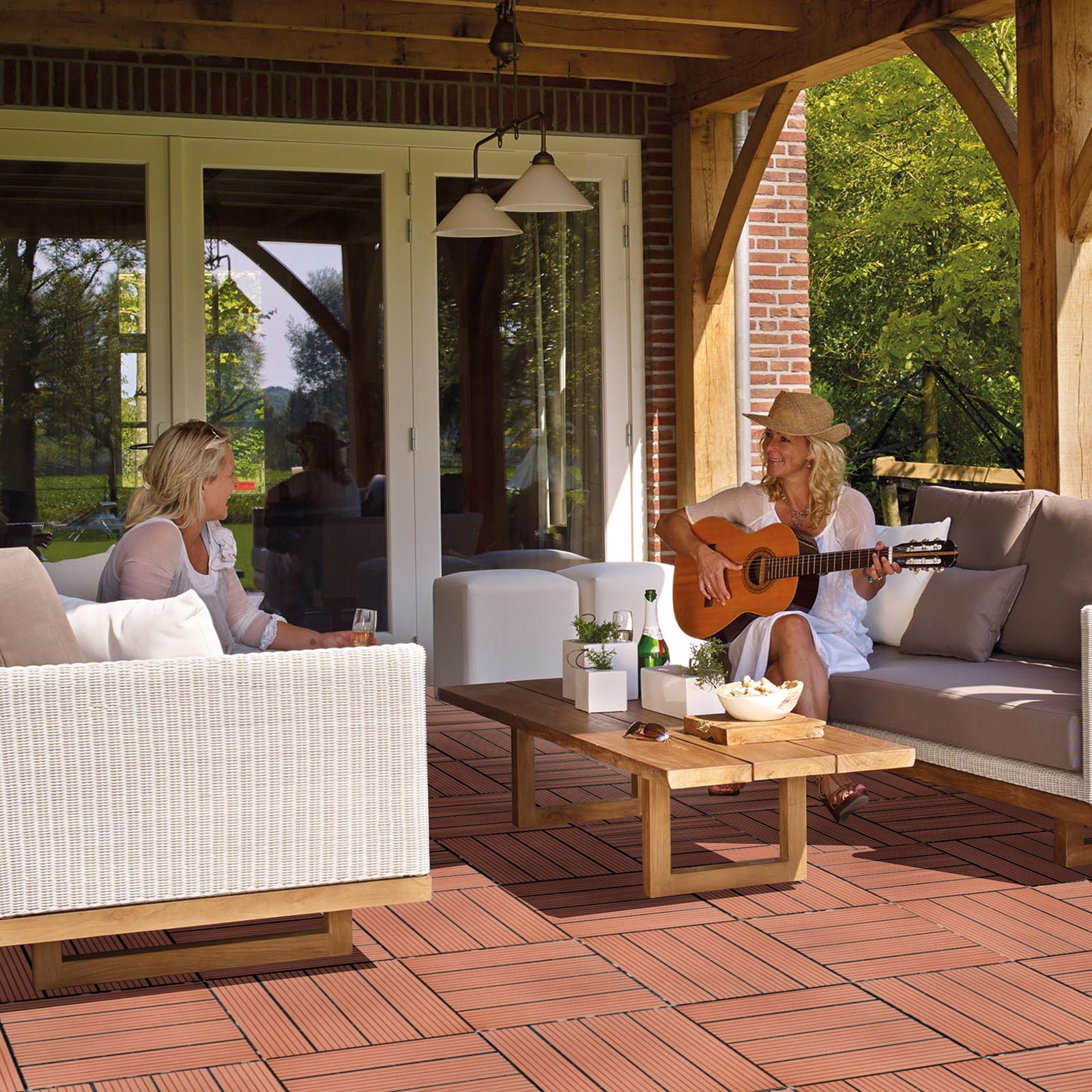 Plastic Interlocking Deck Tiles, Patio Flooring Outdoor Waterproof All Weather Use For Garden Poolside Front / Back Yard (Set of 44) - Mahogany