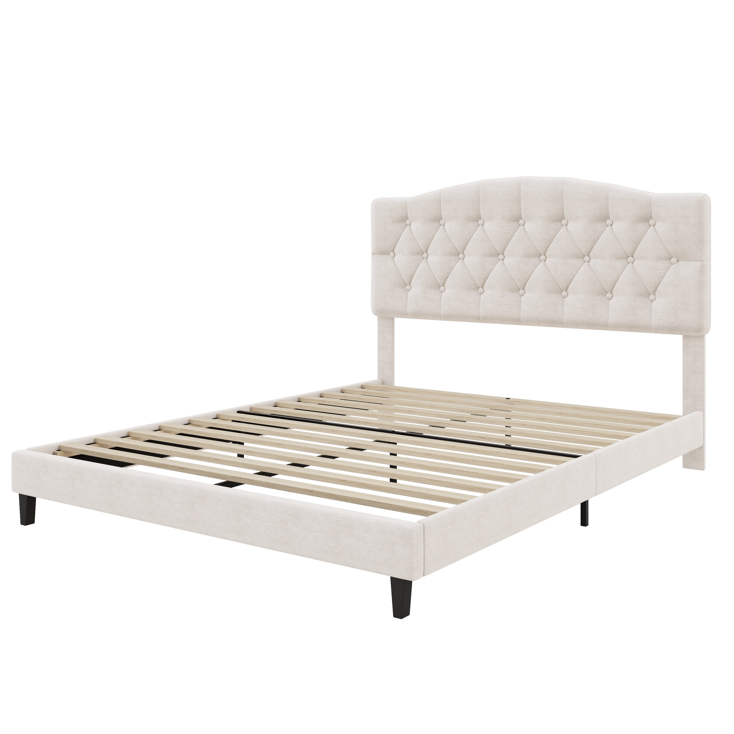 Upholstered Platform Bed with Saddle Curved Adjustable Headboard and Diamond Tufted Details