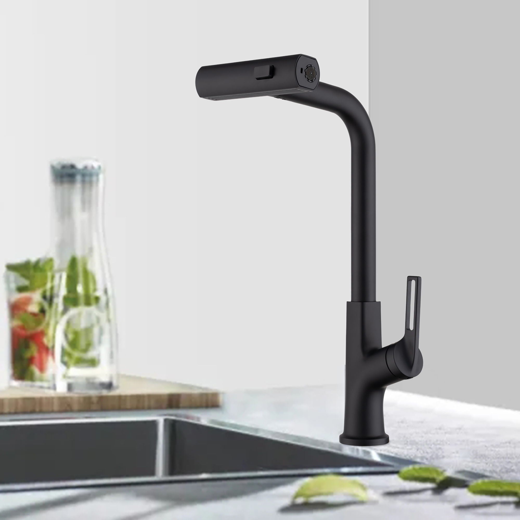 Modern Kitchen Waterfall Faucet With Pull Down Sprayer, Single Handle, 360 Degree Rotating - Matte Black