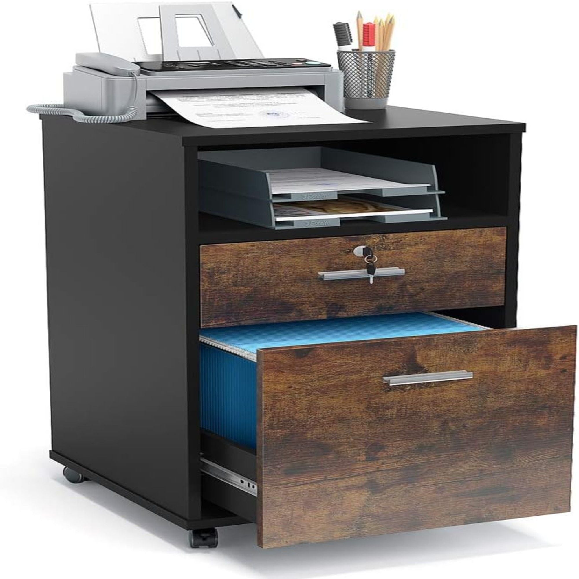2 Drawer Mobile File Cabinet With Lock, Rolling Printer Stand For Letter Size Files - Black / Brown