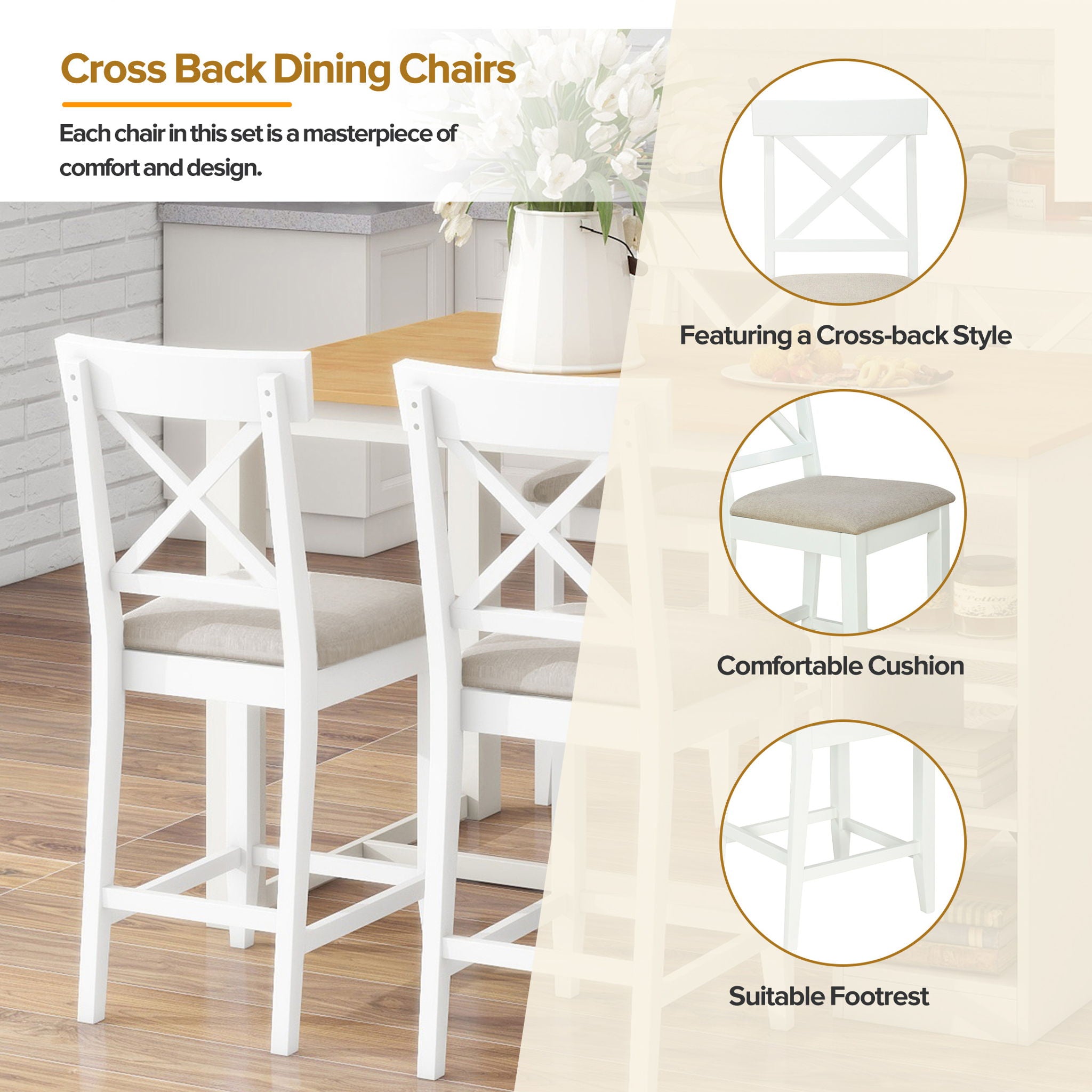 Solid Wood Farmhouse Counter Height Dining Table Set With 3 Tier Storage Shelves