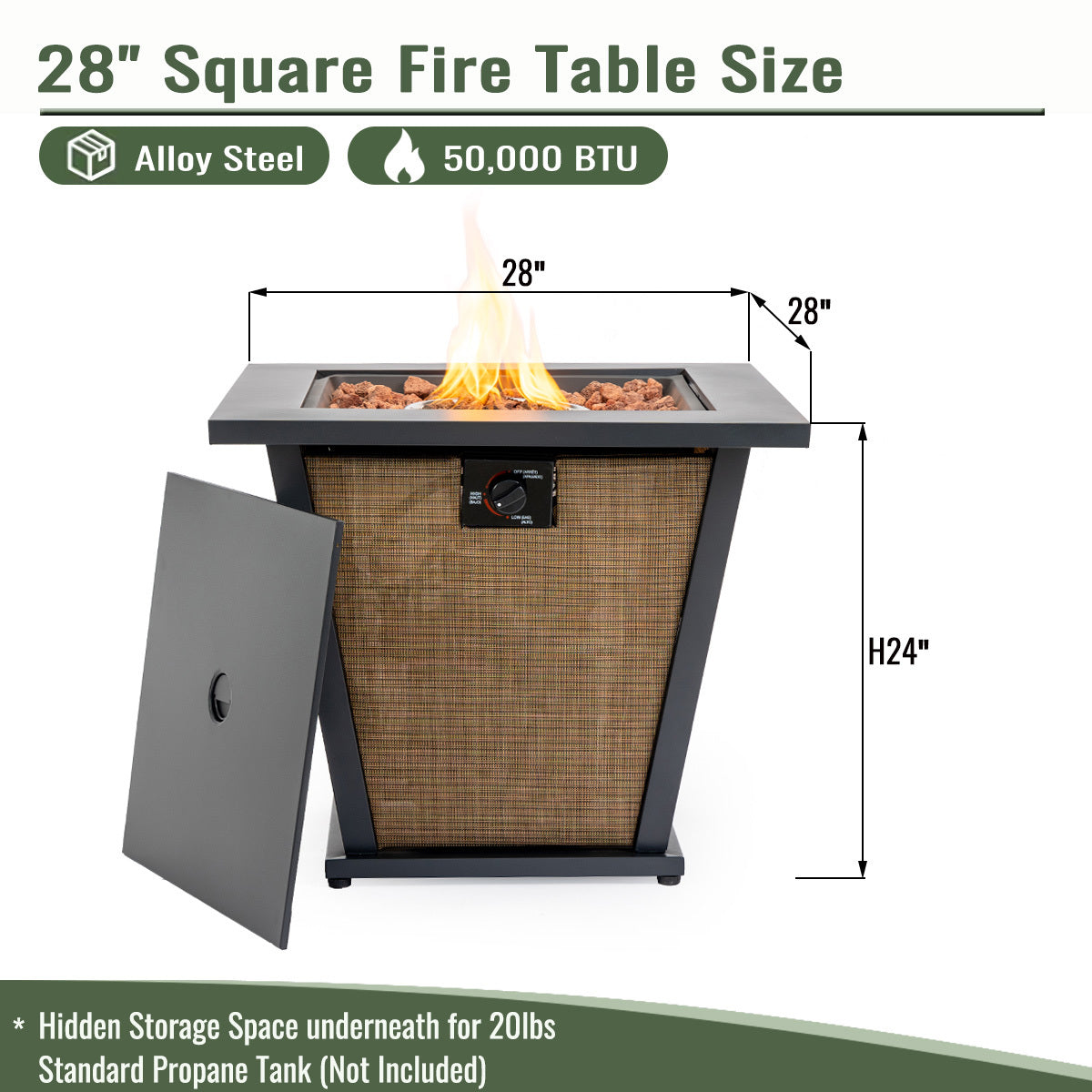 28" Propane Gas Fire Pit Table - 50000 BTU Square Steel Fire Pit
