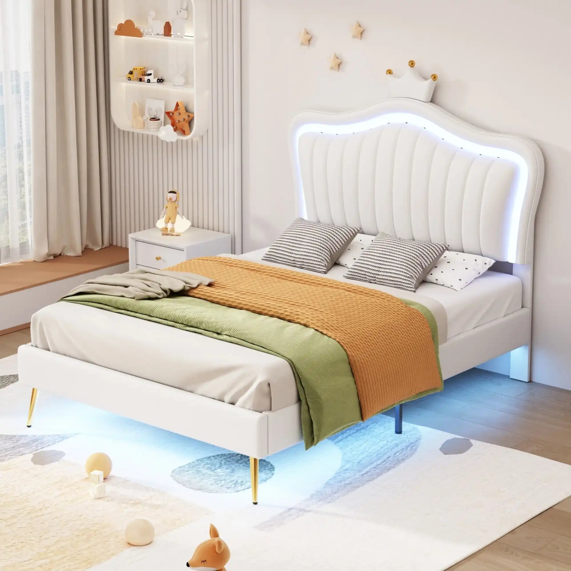 Princess Crown Twin Size Upholstered Bed Frame with LED Lights