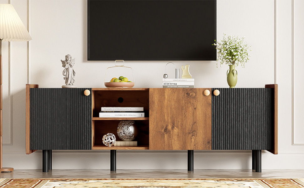 Mid Century TV Stand & 3 Cabinets, Media Console Table For Tvs Up To 70'', Entertainment Center With Storage For Living Room - Black / Brown