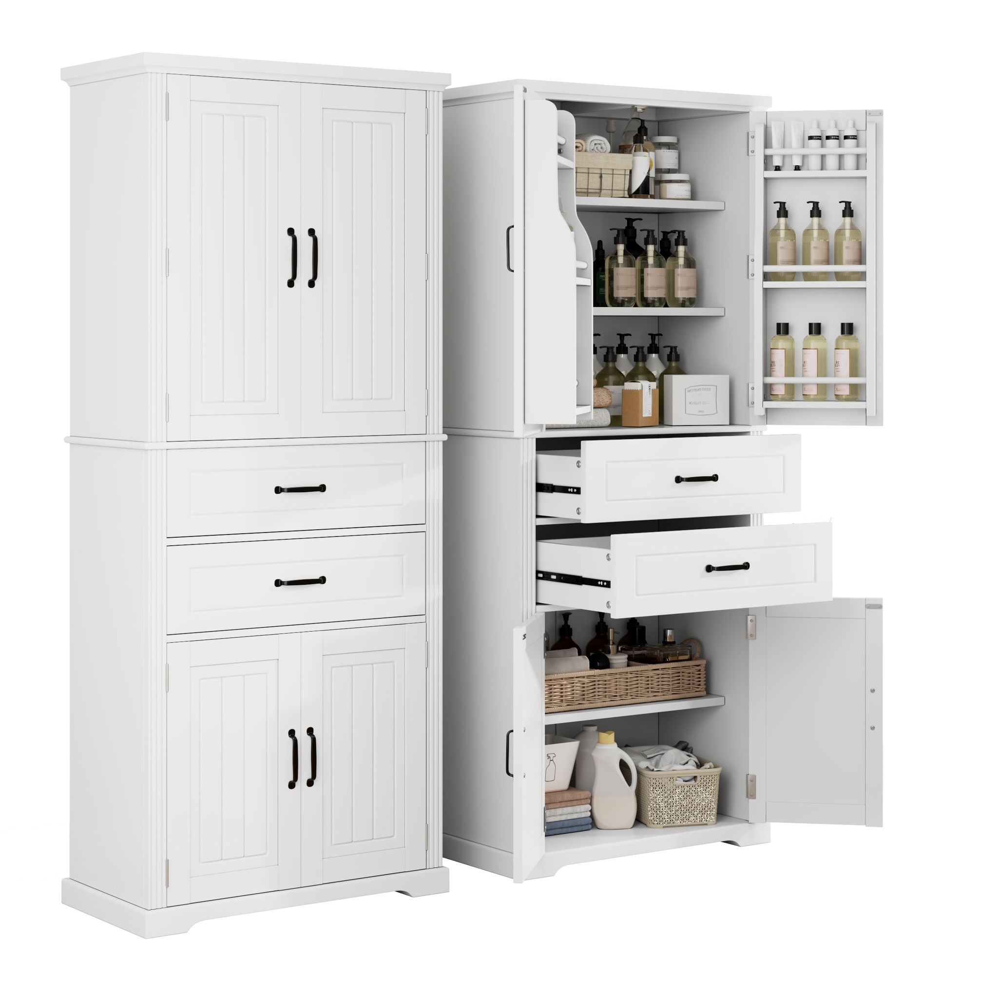 Multi Functional Storage Cabinet With Adjustable Shelves, 2 Drawers, Door Shelves
