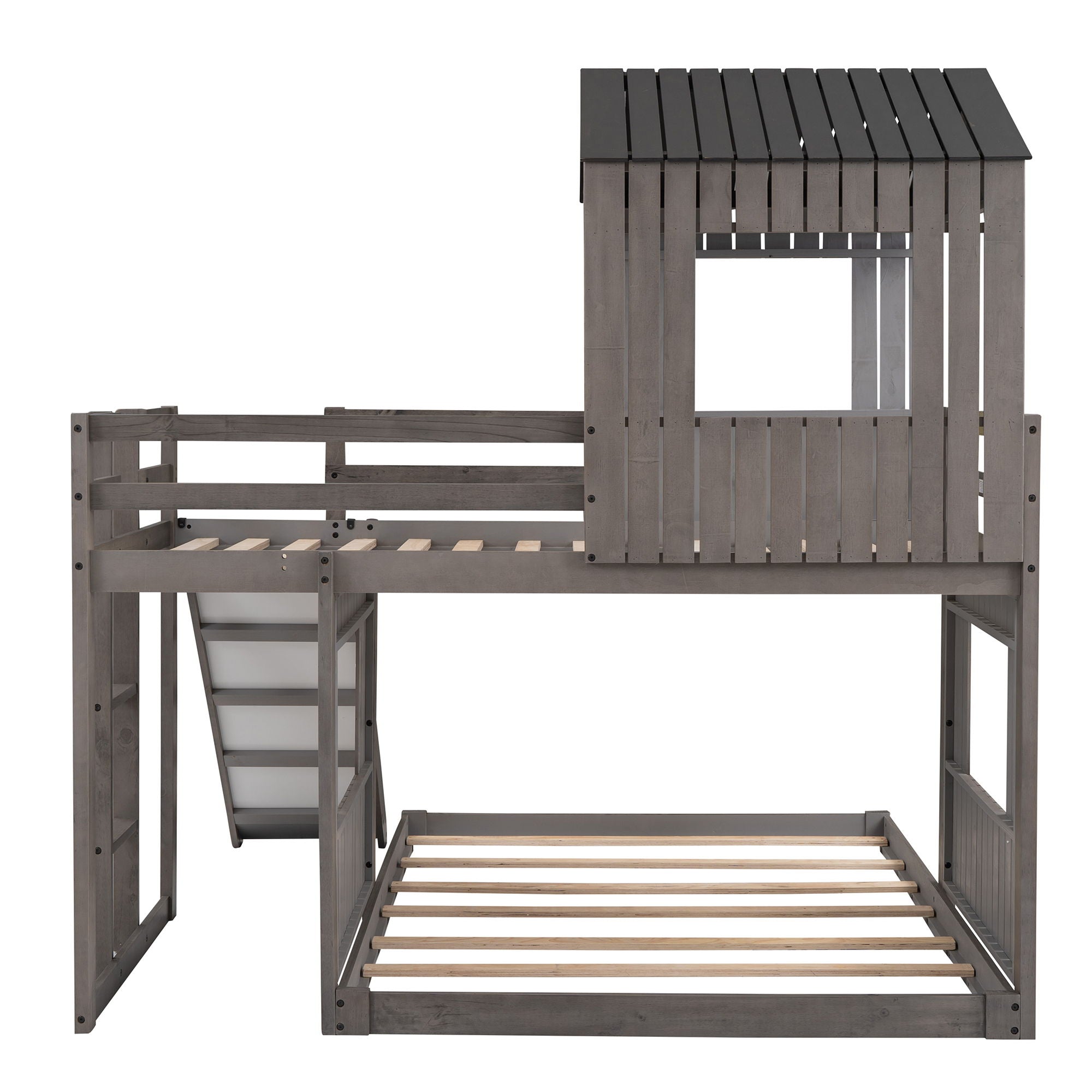 Loft Bunk Bed With Playhouse, Farmhouse, Ladder, Slide And Guardrails