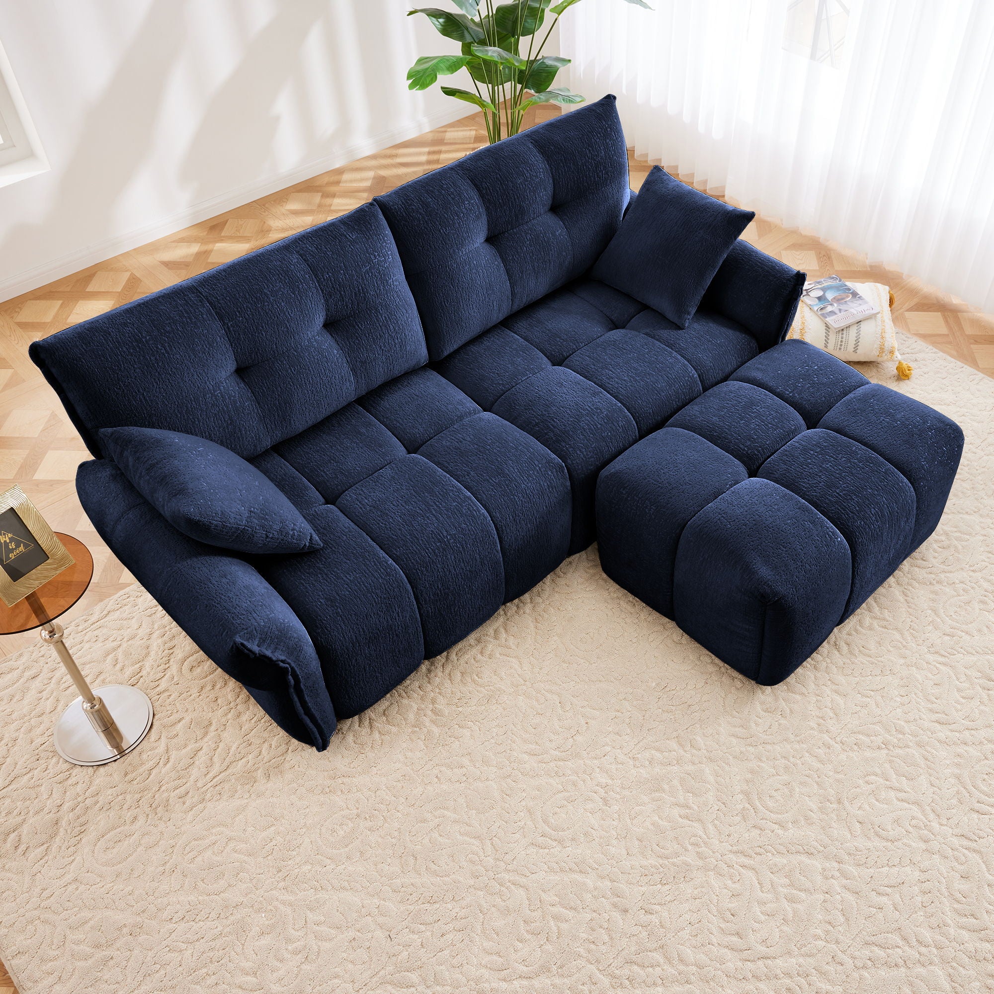 Modern Fabric 2 Seater Sofa With Ottoman Minimalist Design - Blue