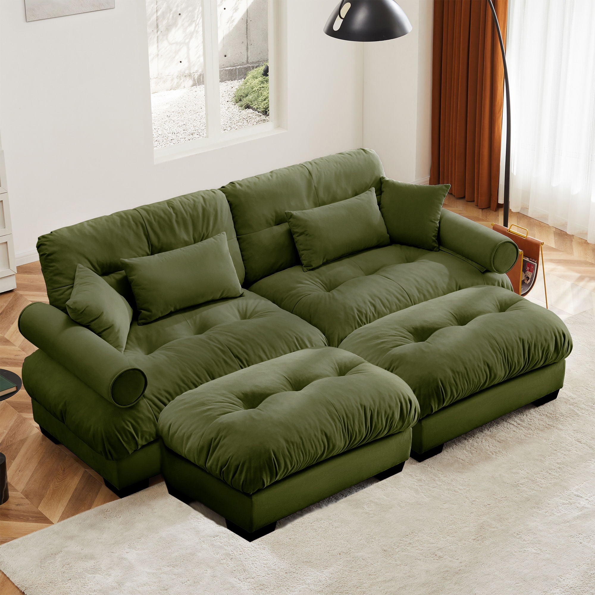 Modern Sectional Sofa With Ottoman, Round Bolster Armrests, Waist And Throw Pillows