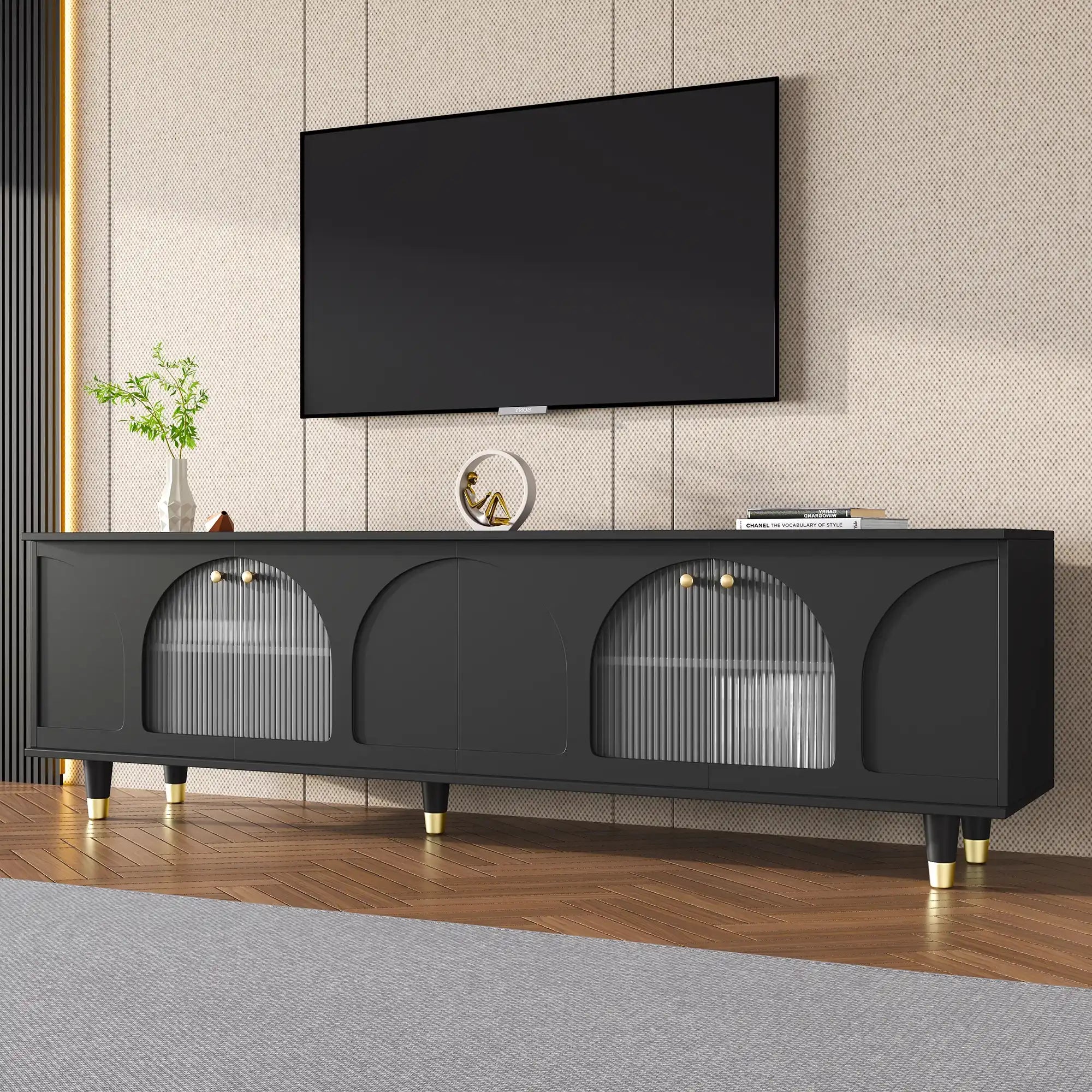 Contemporary TV Stand with Adjustable Shelves, Black