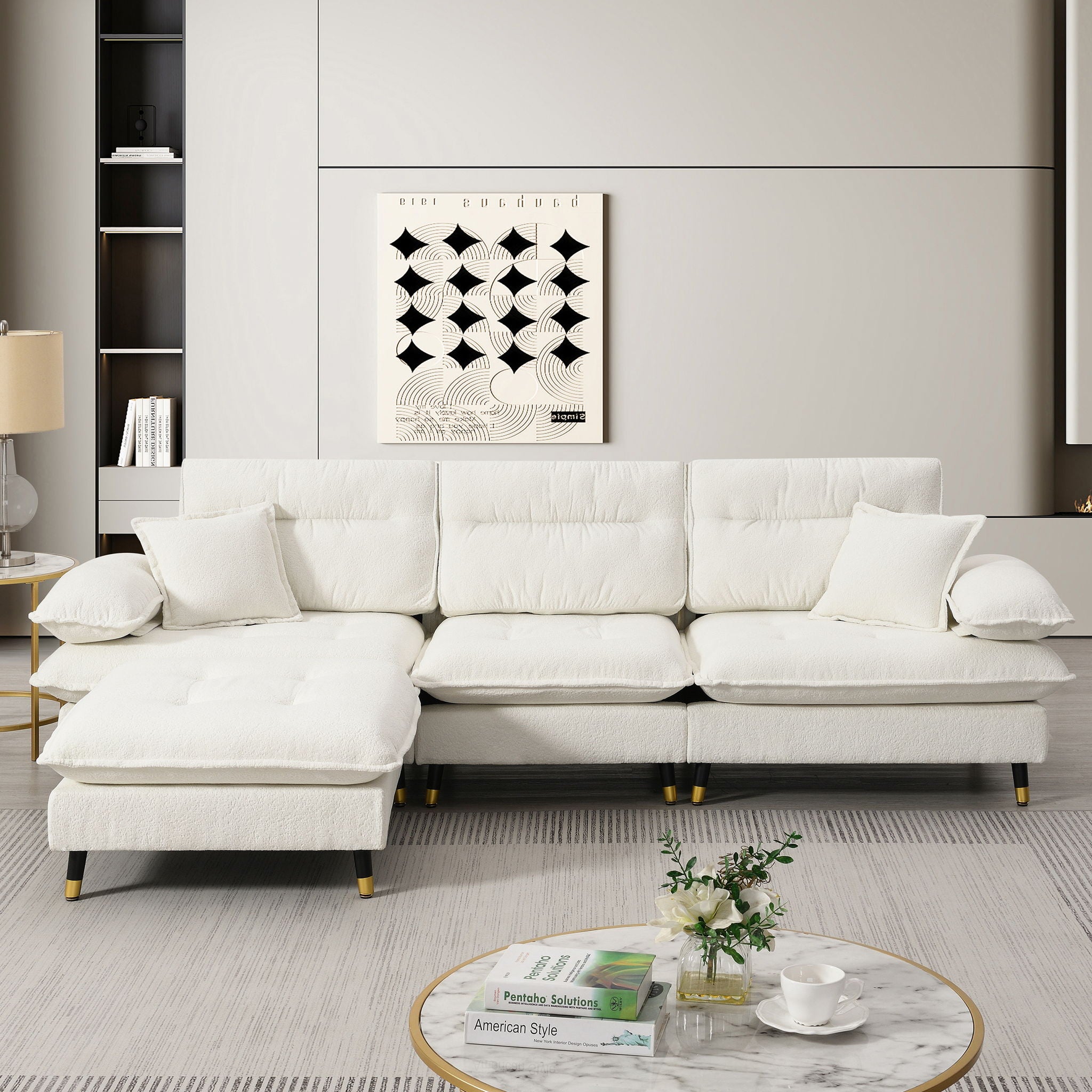 L Shaped Convertible Sectional Sofa 4 Seat Tufted Couch Set With Two Tone Adjust Legs Cloud Movable Ottoman