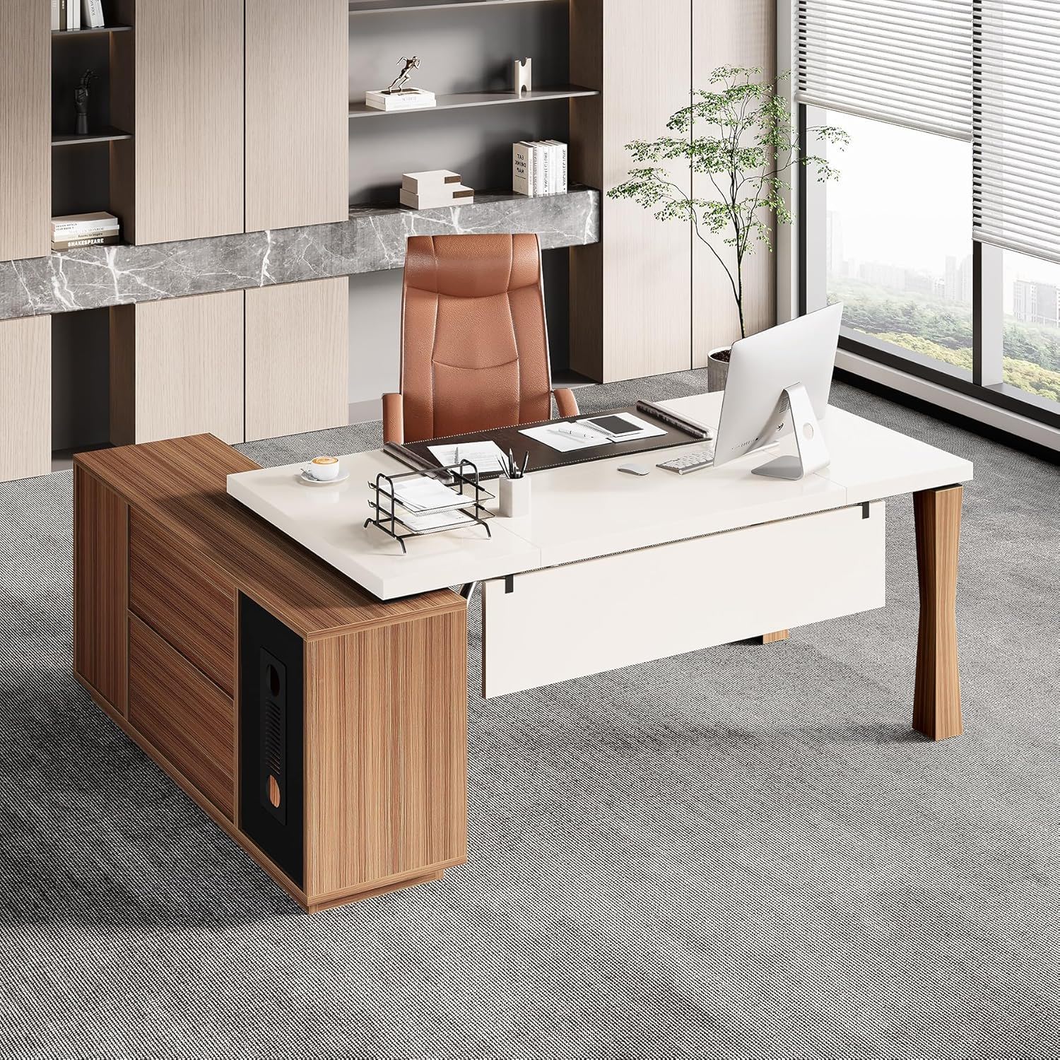 L-Shaped Executive Desk With Storage Cabinet, Home Office Workstation With Shelves - White / Walnut