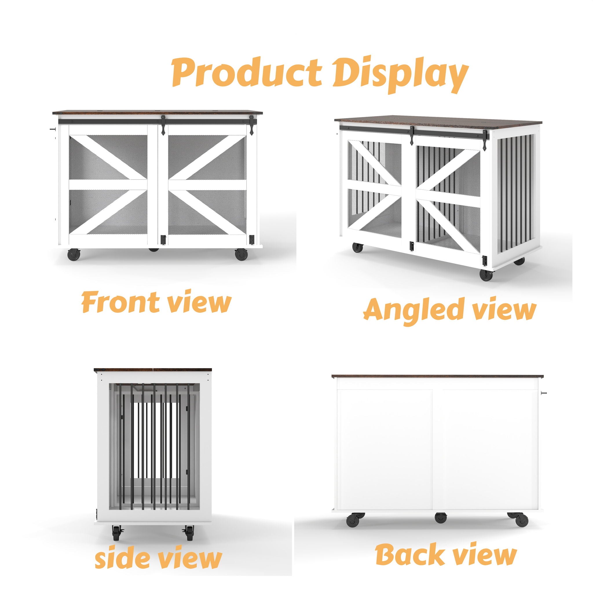 Mobile Dog Crate With Flip Top Feeding Door, Dual Access & 5 Caster System (2 Locking) - Brown White