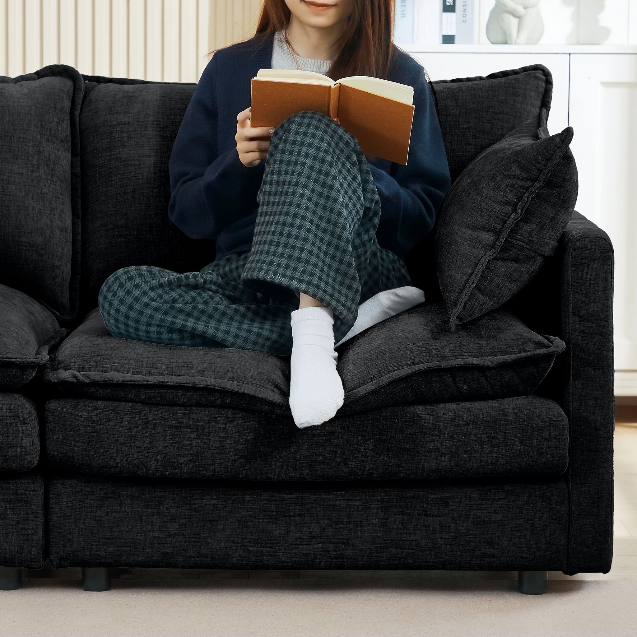 L Shaped Modular Sectional Sofa With Movable Ottoman, 3 Seater Comfortable Seating