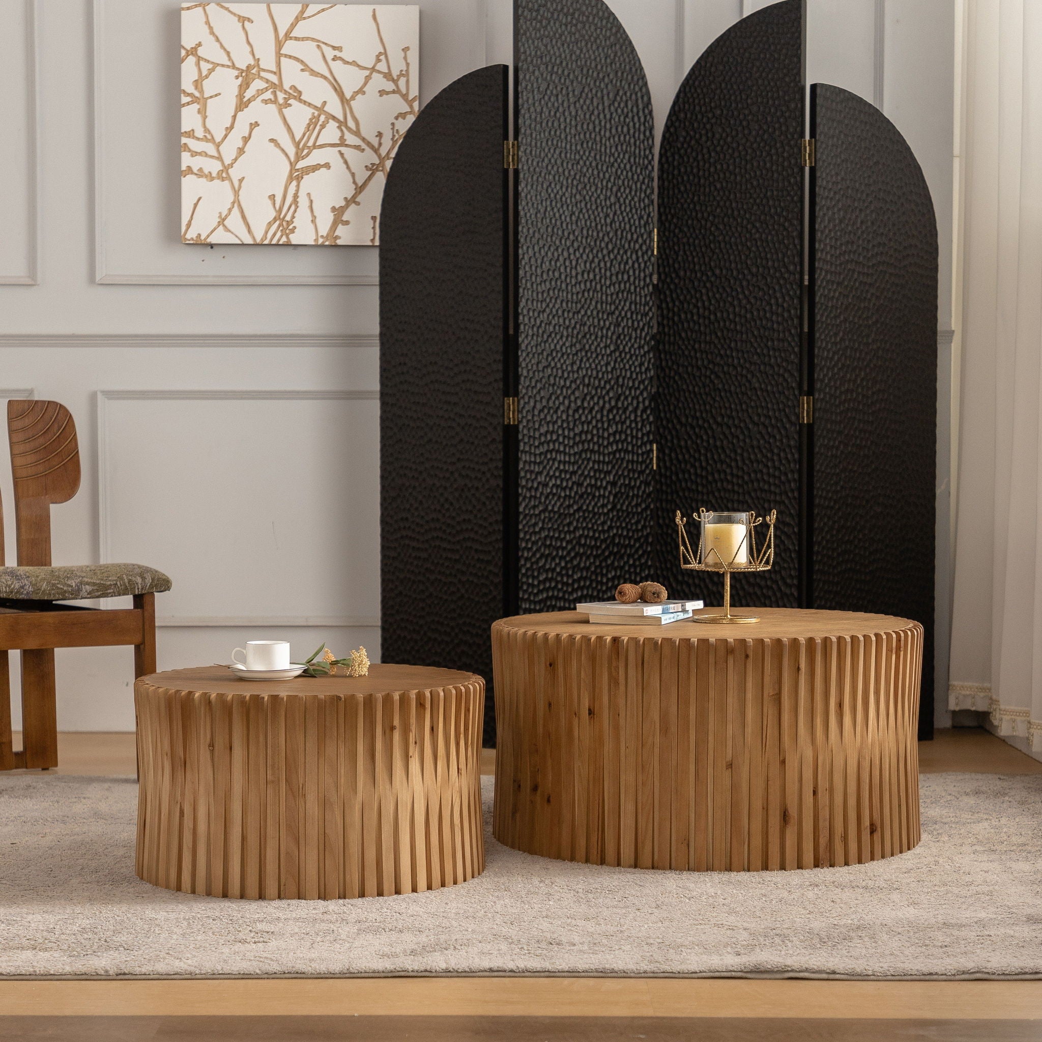 Cylindrical Coffee Table With Vertical Texture Relief