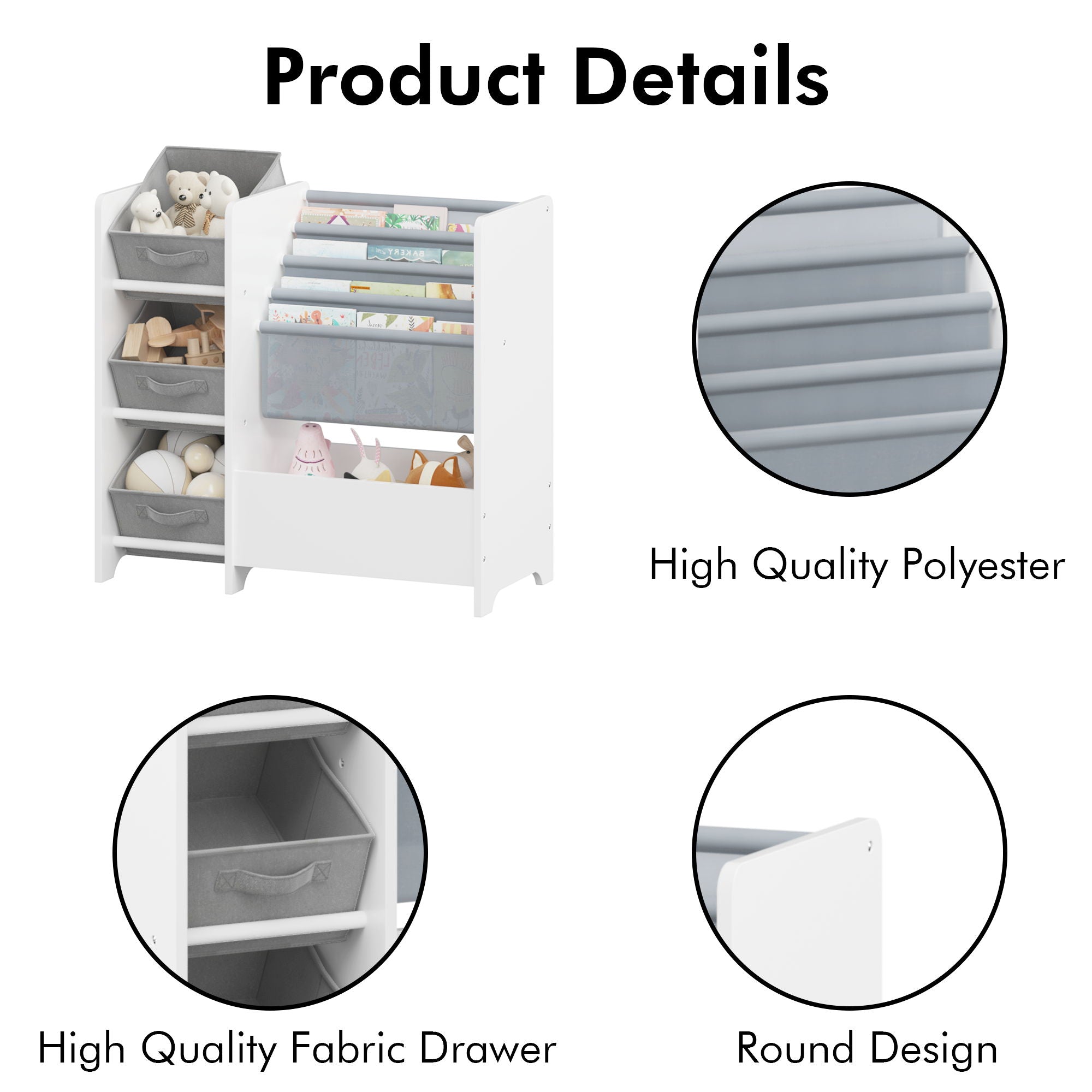 Bookshelf And Toy Storage Organizer, Multifunctional 4 Tier With 3 Collapsible Drawers - White