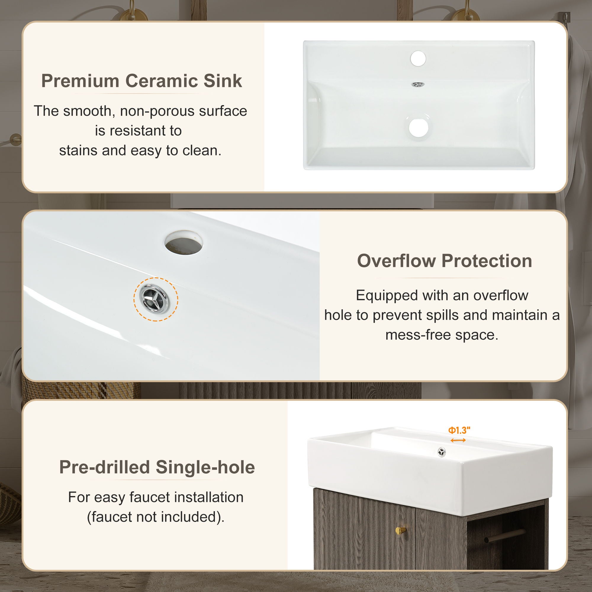 Bathroom Vanity With Sink, Freestanding Wood Grain Cabinet With Storage