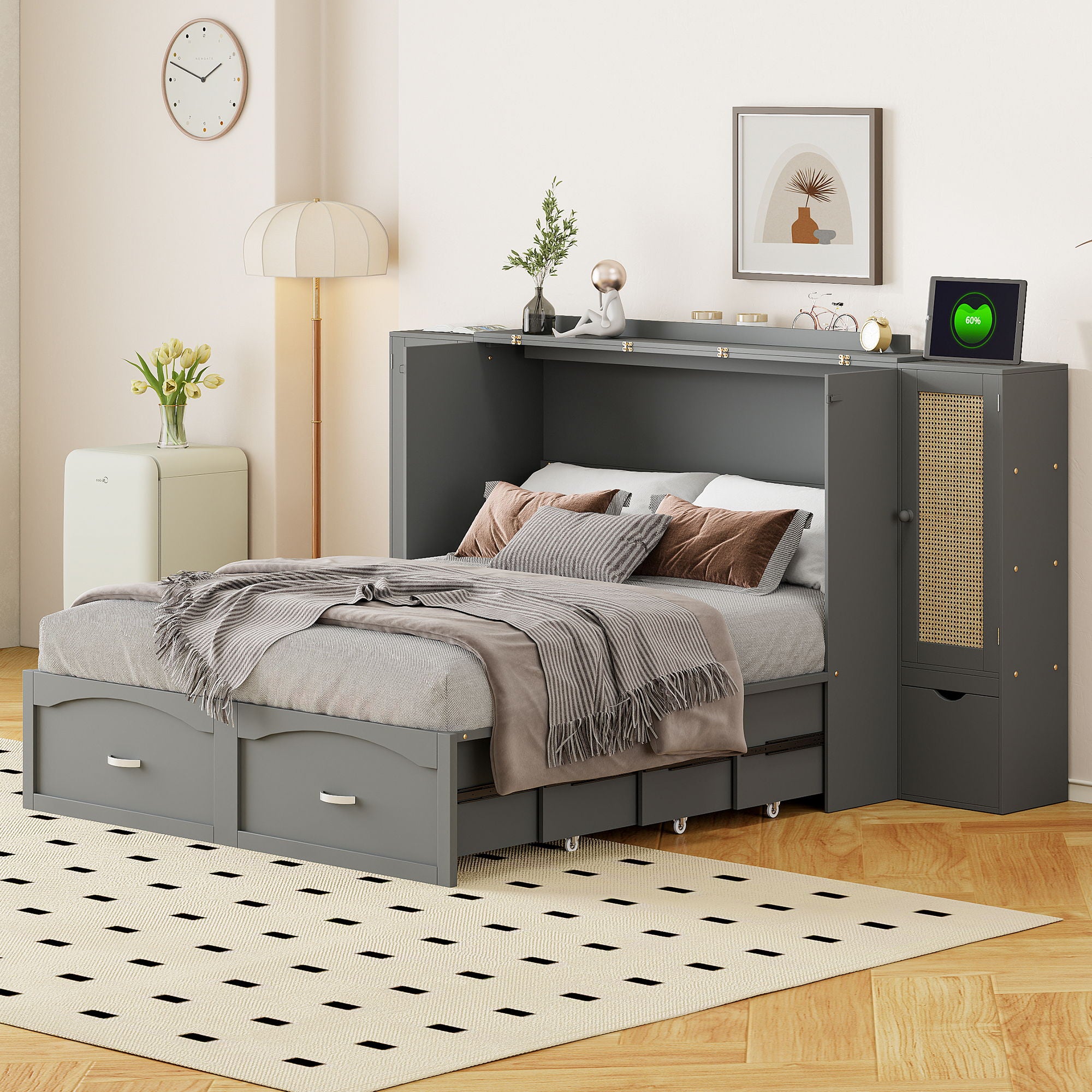 Murphy Wall Bed With Drawer And Rattan Decoration