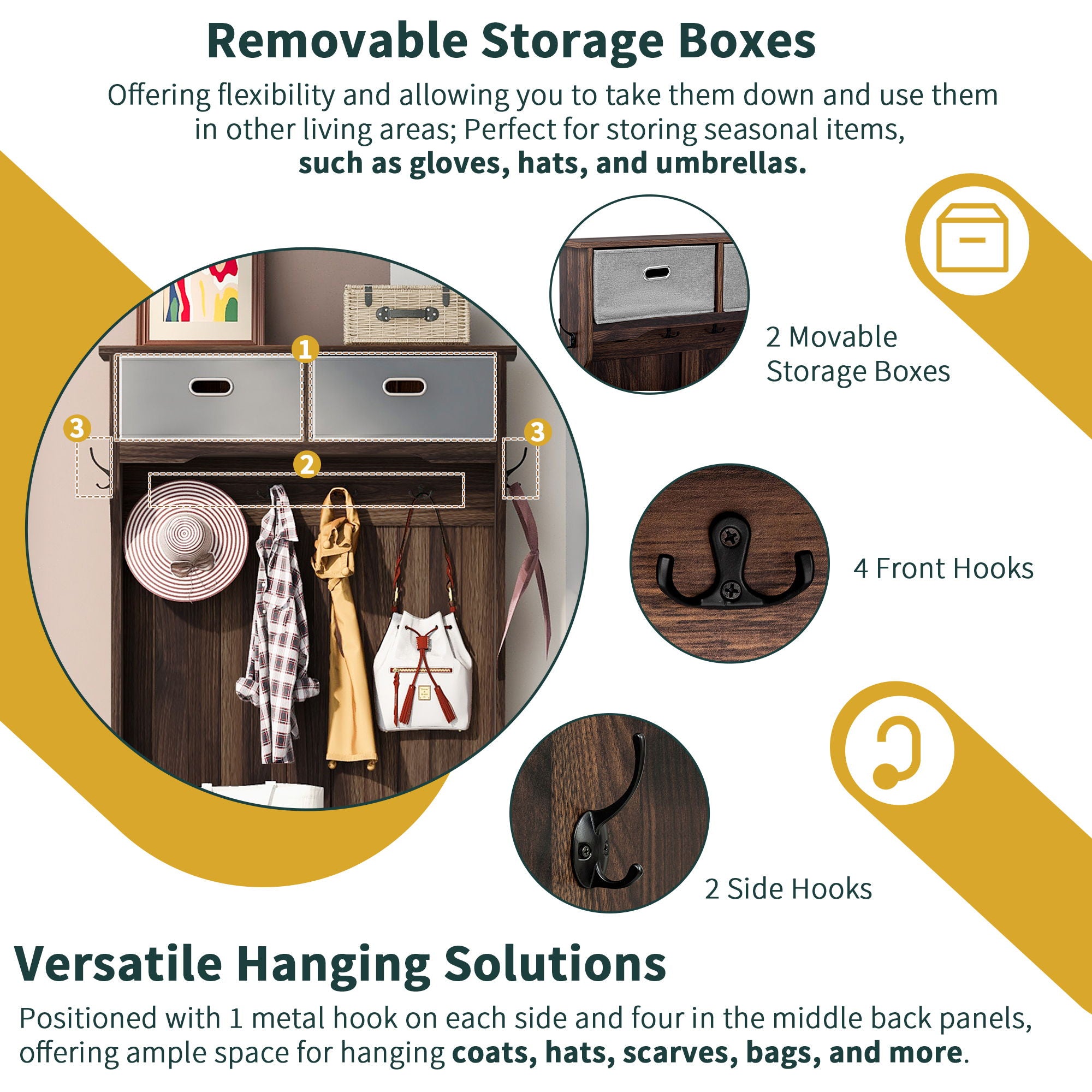 Hall Tree With 6 Hooks And Hinged Lid, Coat Hanger, Storage Bench, 3 In 1 Design