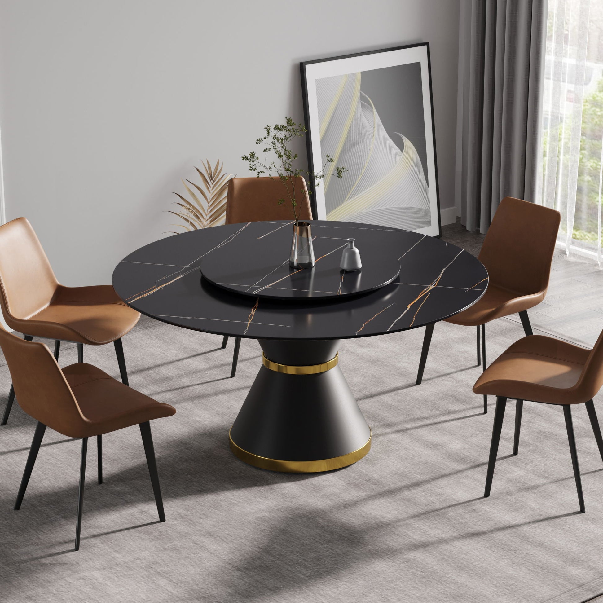 Modern Artificial Stone Round Carbon Steel Base Dining Table, Can Accommodate 6 People Artificial Stone Turntable - Black - Best Buy Furniture