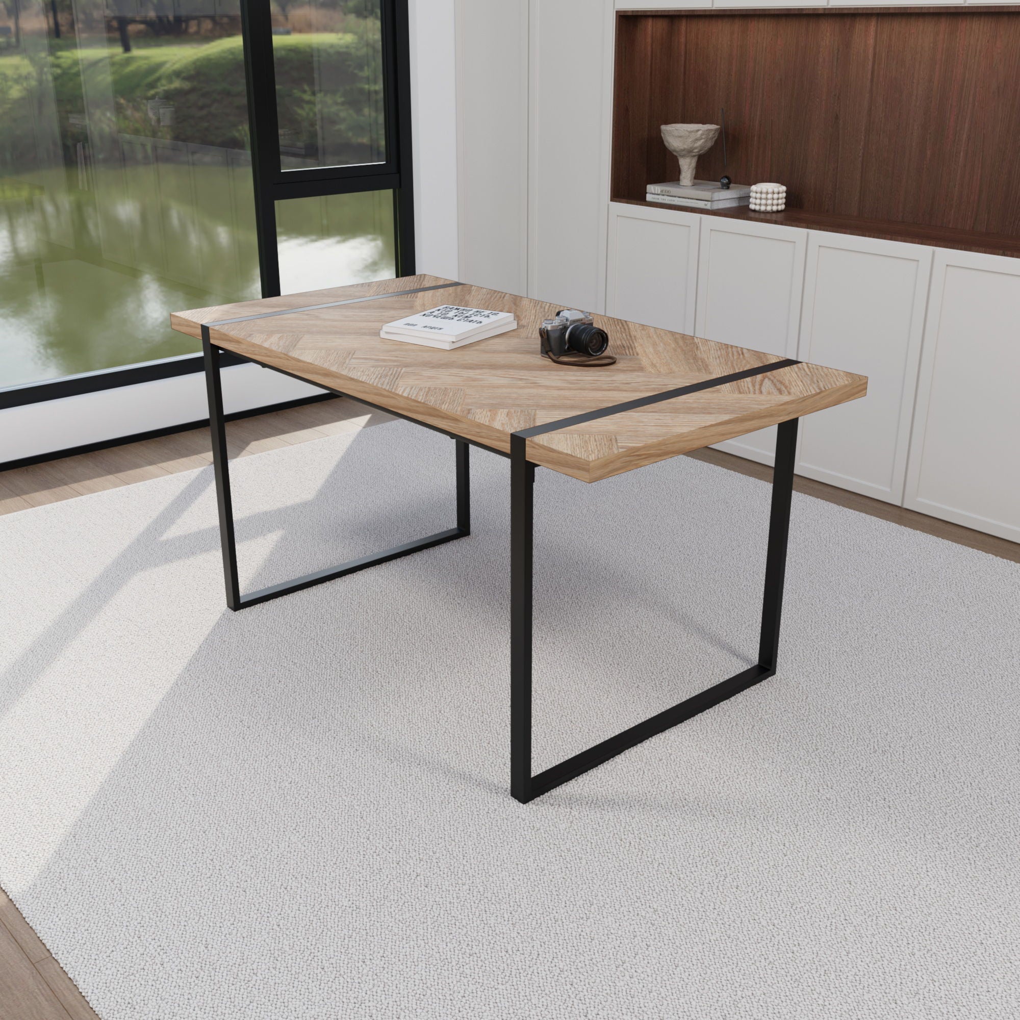 Modern Dining Table & Suede Chair Set WIth Rectangular Metal Base