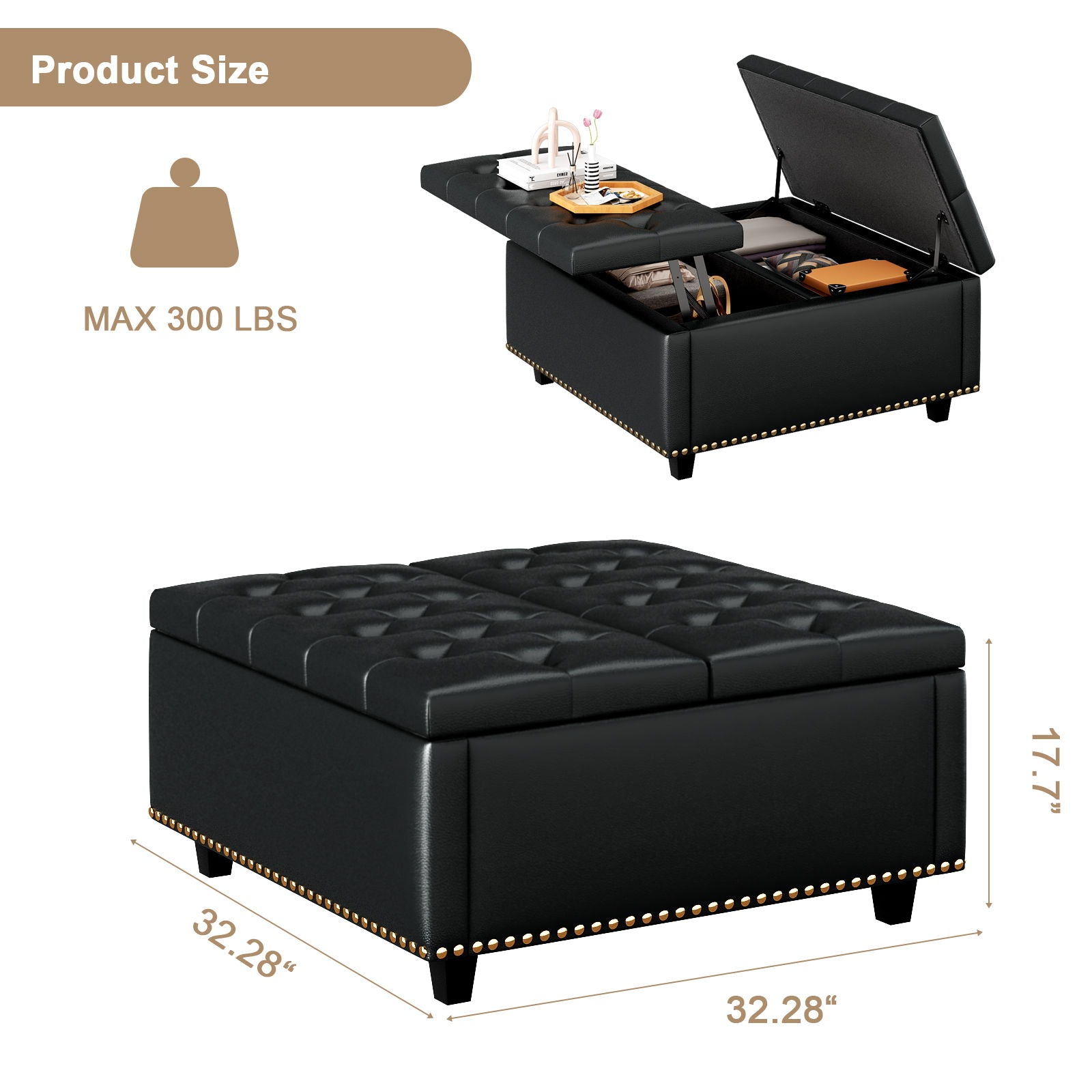 Large Square Storage Ottoman With 2 Storage Doors