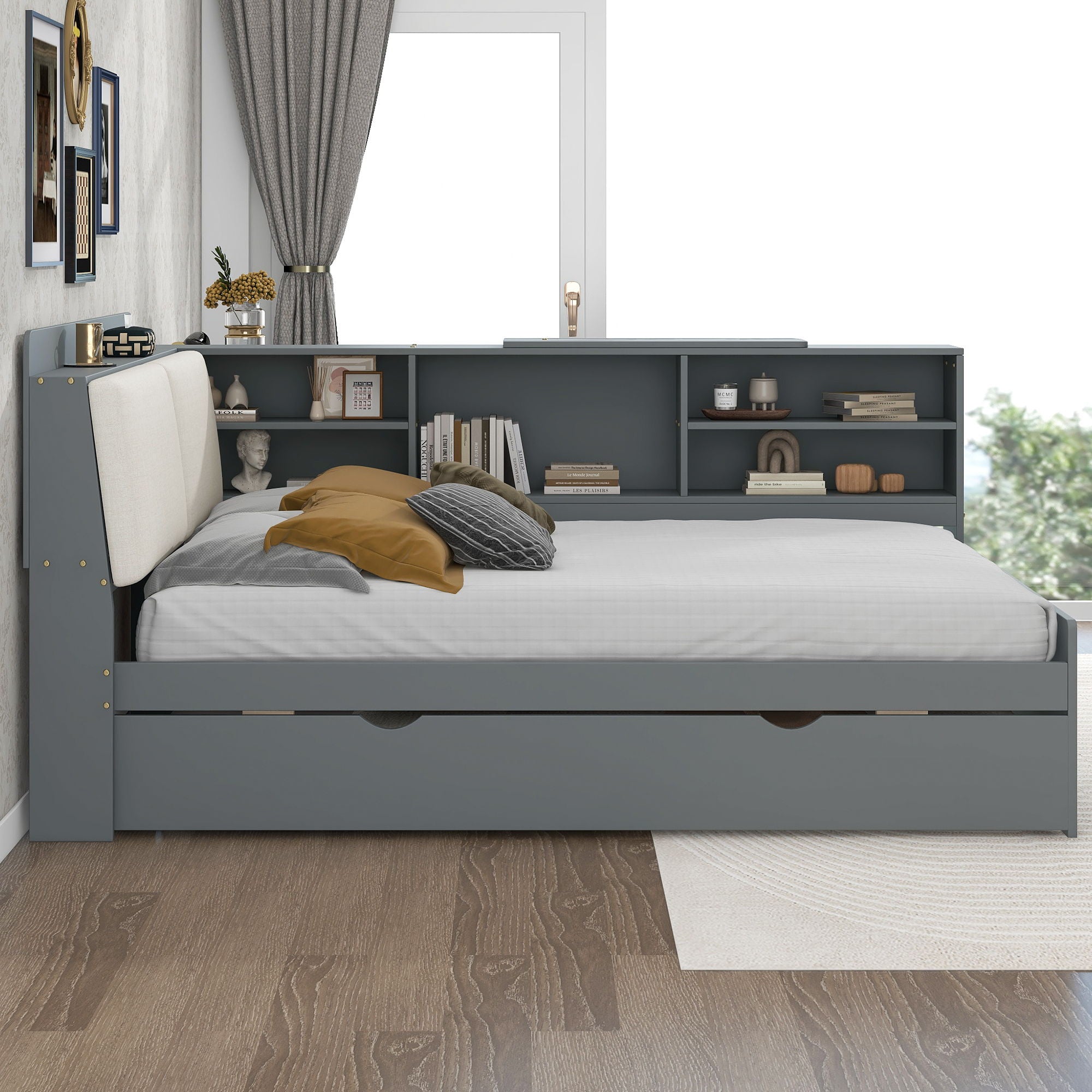 Platform Bed With Trundle, Shelves, And Storage Headboard