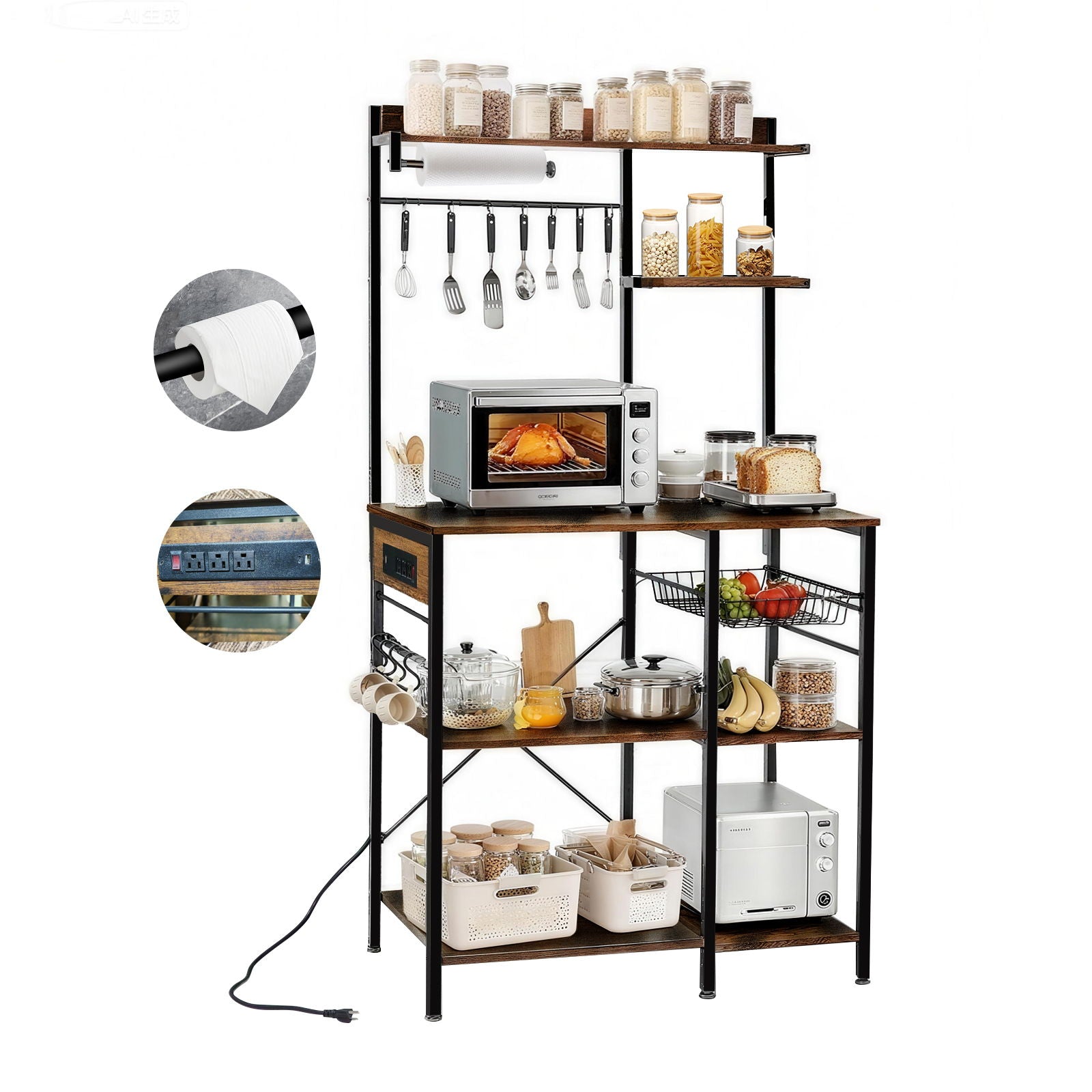 Bakers Rack With Power Outlet, Coffee Bar With S-Shaped Hooks, Kitchen Shelf With Wire Basket - Black / Brown