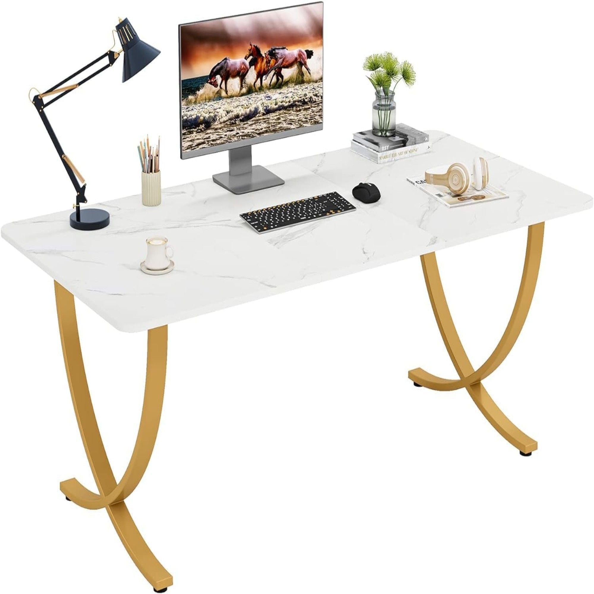 Executive Office Computer Desk For Home Office - White / Gold