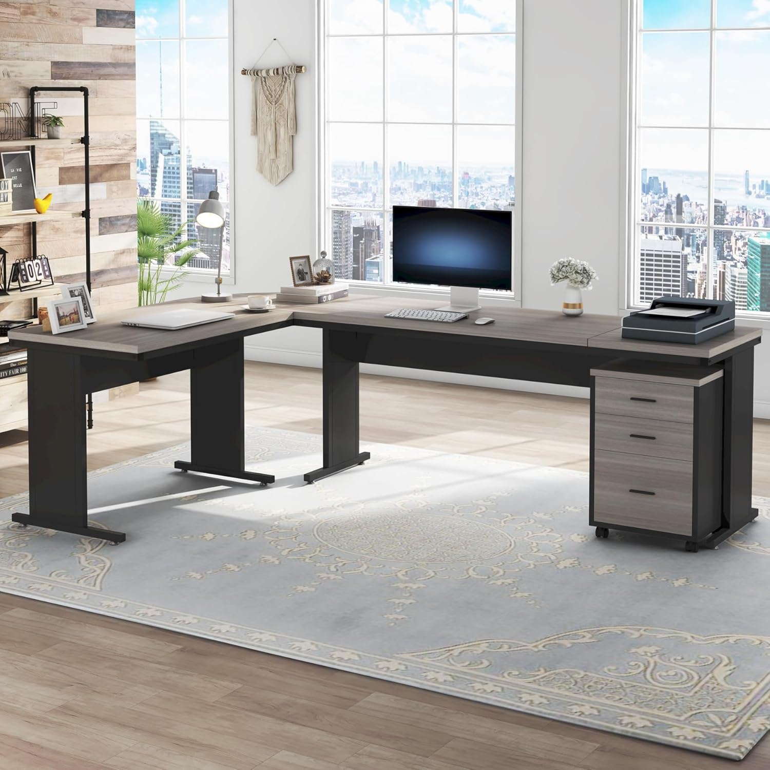 L-Shaped Executive Desk With Reversible Design, 3 Drawer Mobile File Cabinet For Home Office Workstation - Gray / Black