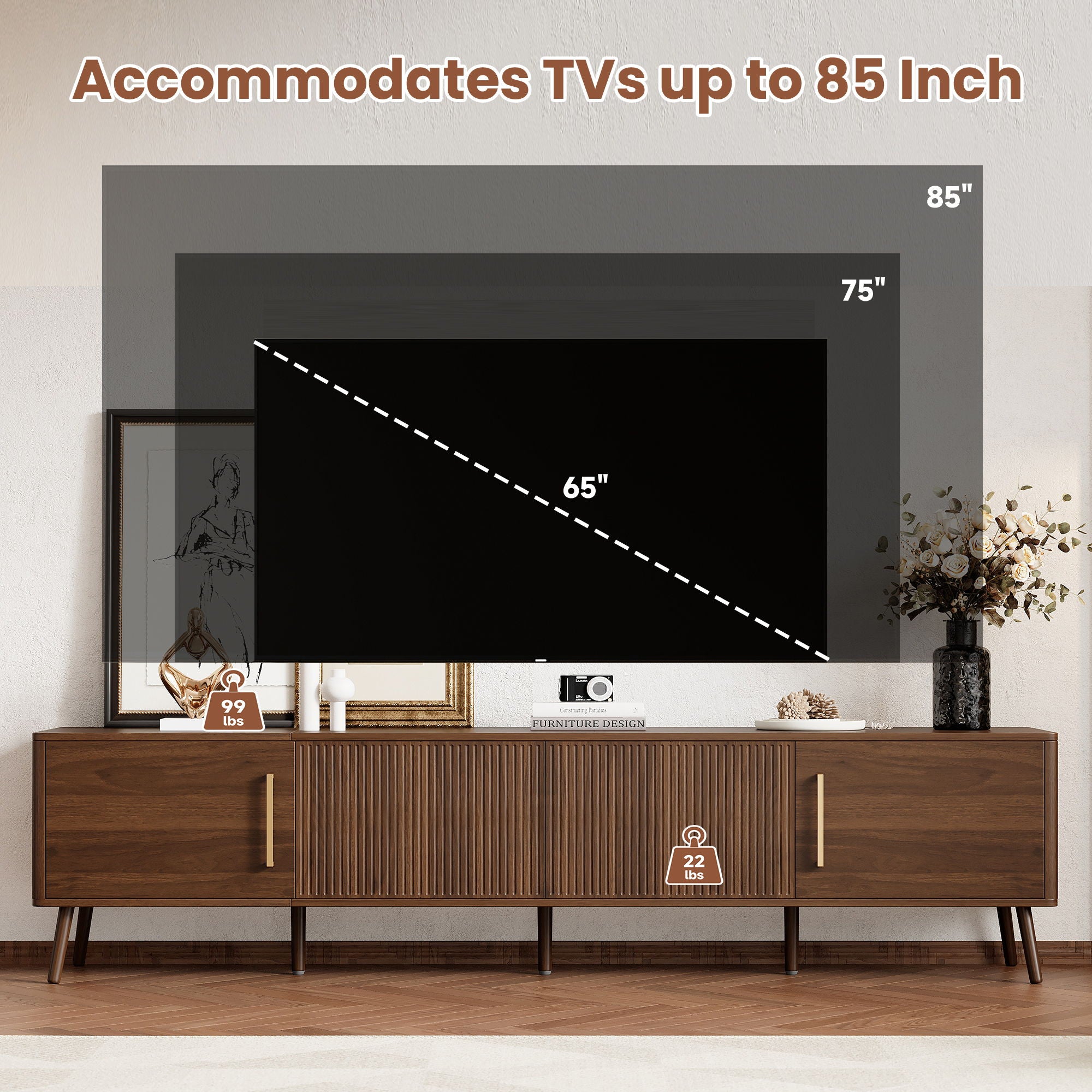 TV Stand For TVs Up To 85" With Fluted Door, Cable Management, Soft-Closing Hinges - Walnut
