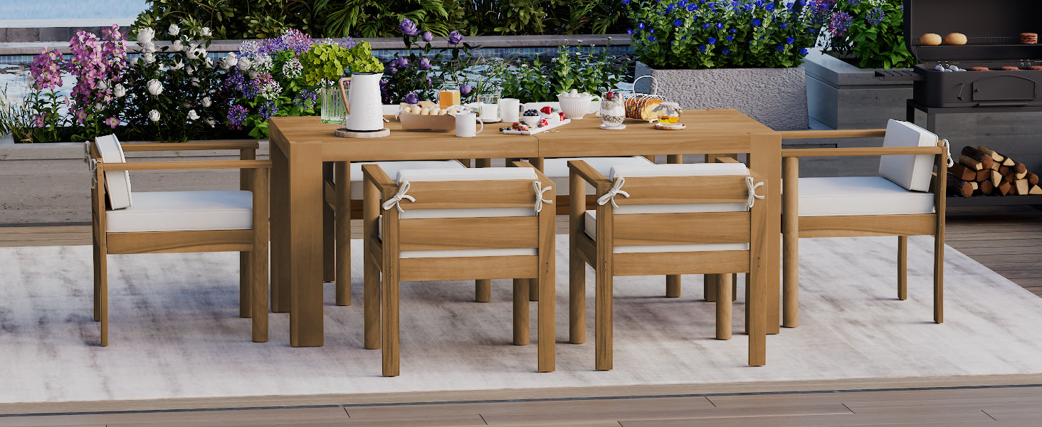 TREXM 7-Piece Patio Dining Table Set for 6,Outdoor Furniture Sets with 72.8'Rectangle Table,Patio Table and Chairs Set with Removable Cushions for Backyard,Garden,Poolside(Light Teak+Beige Cushion)