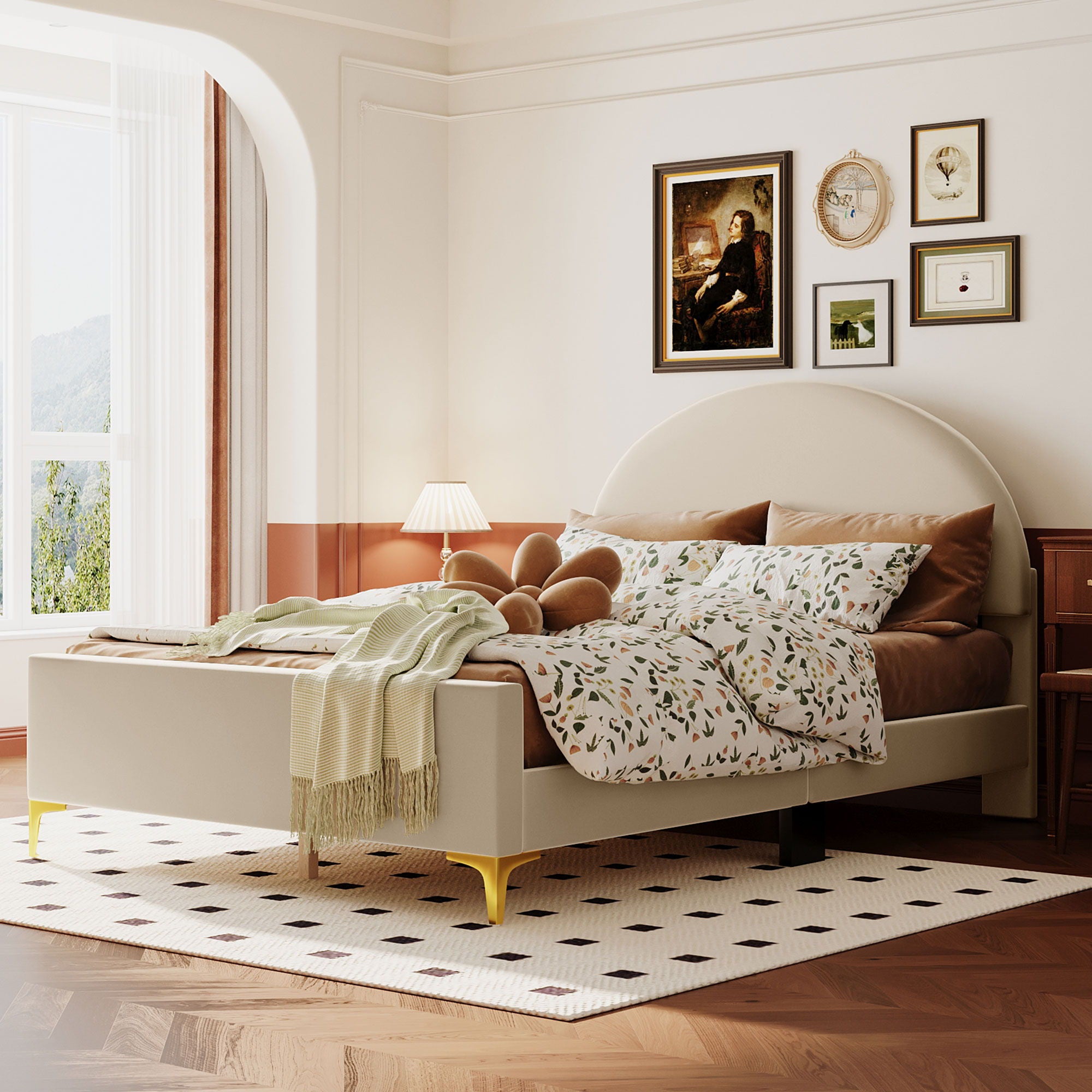 Upholstered Platform Bed With Classic Semi-Circle Shaped Headboard