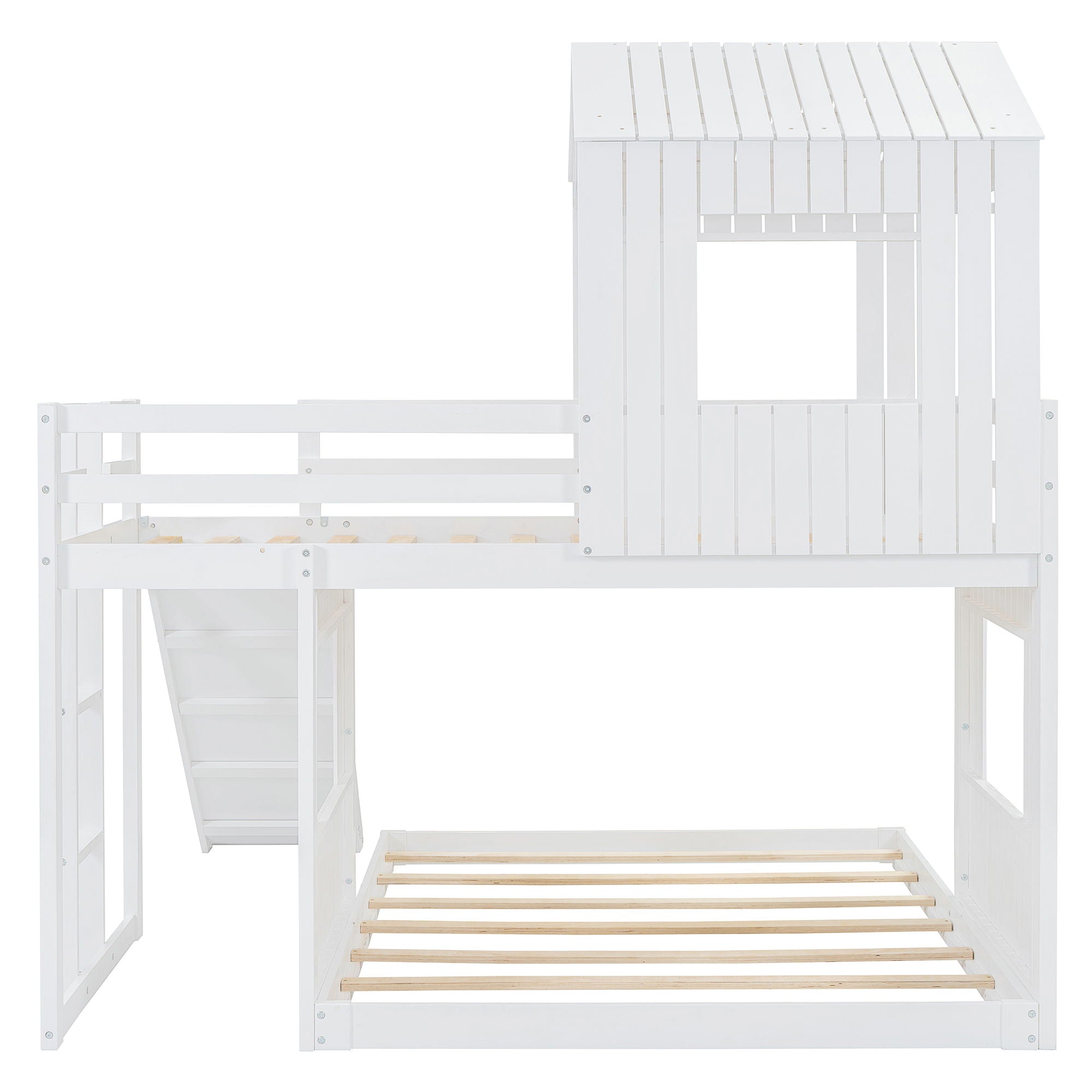 Loft Bunk Bed With Playhouse, Farmhouse, Ladder, Slide And Guardrails
