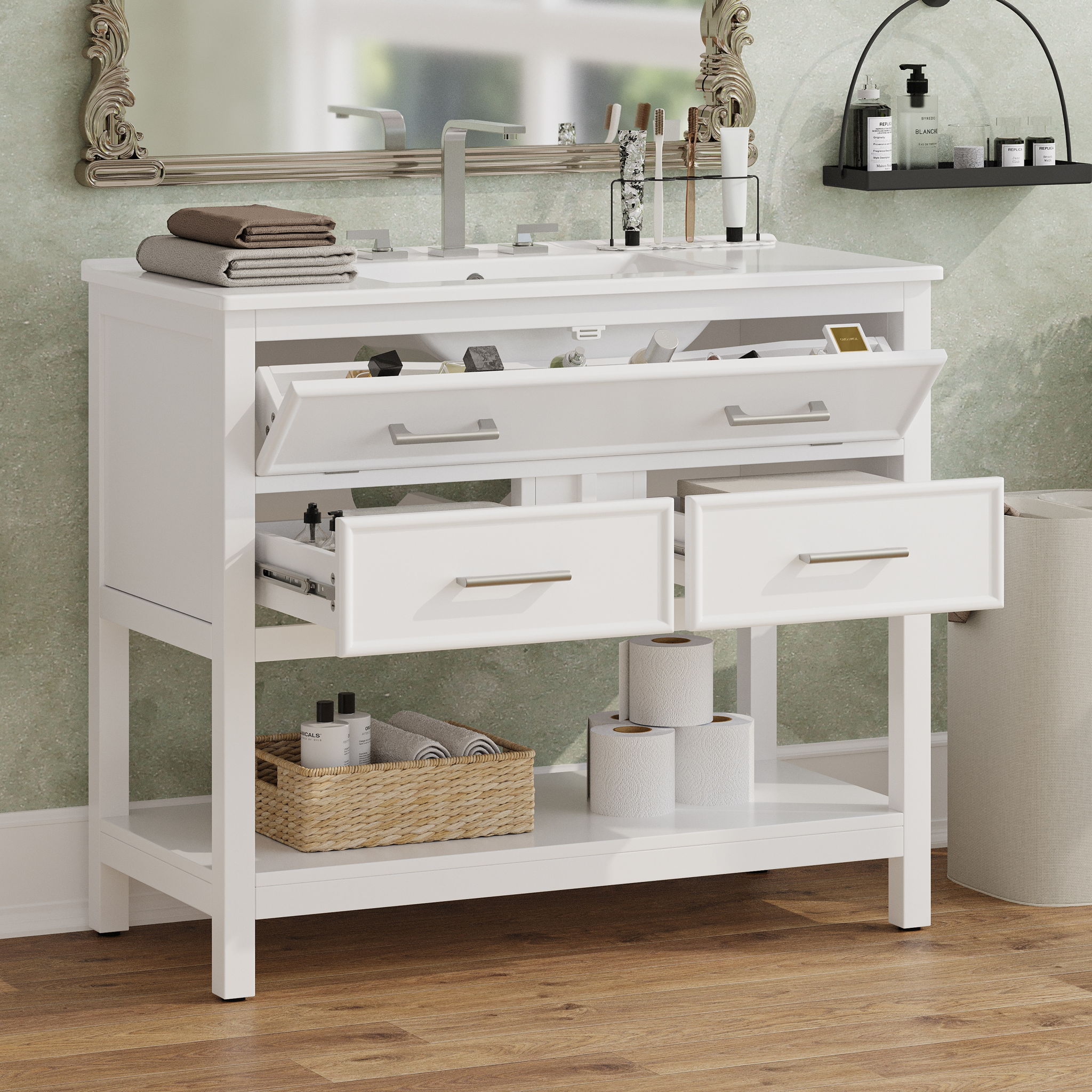 Bathroom Vanity With Ceramic Sink, Tip Out Tray & 2 Full Extension Drawers