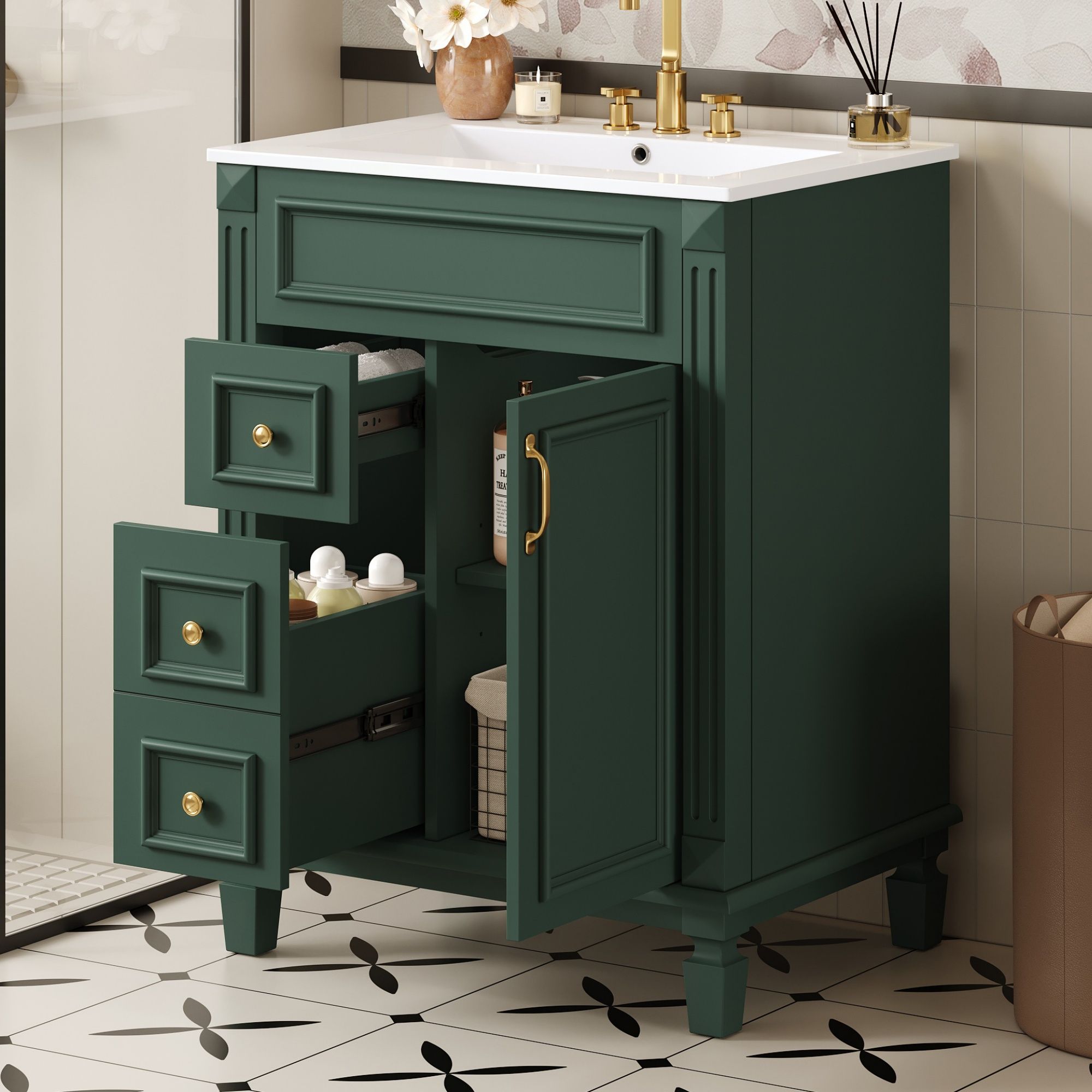 Bathroom Vanity With Sink, Compact Cabinet & 2 Drawers And Adjustable Shelf