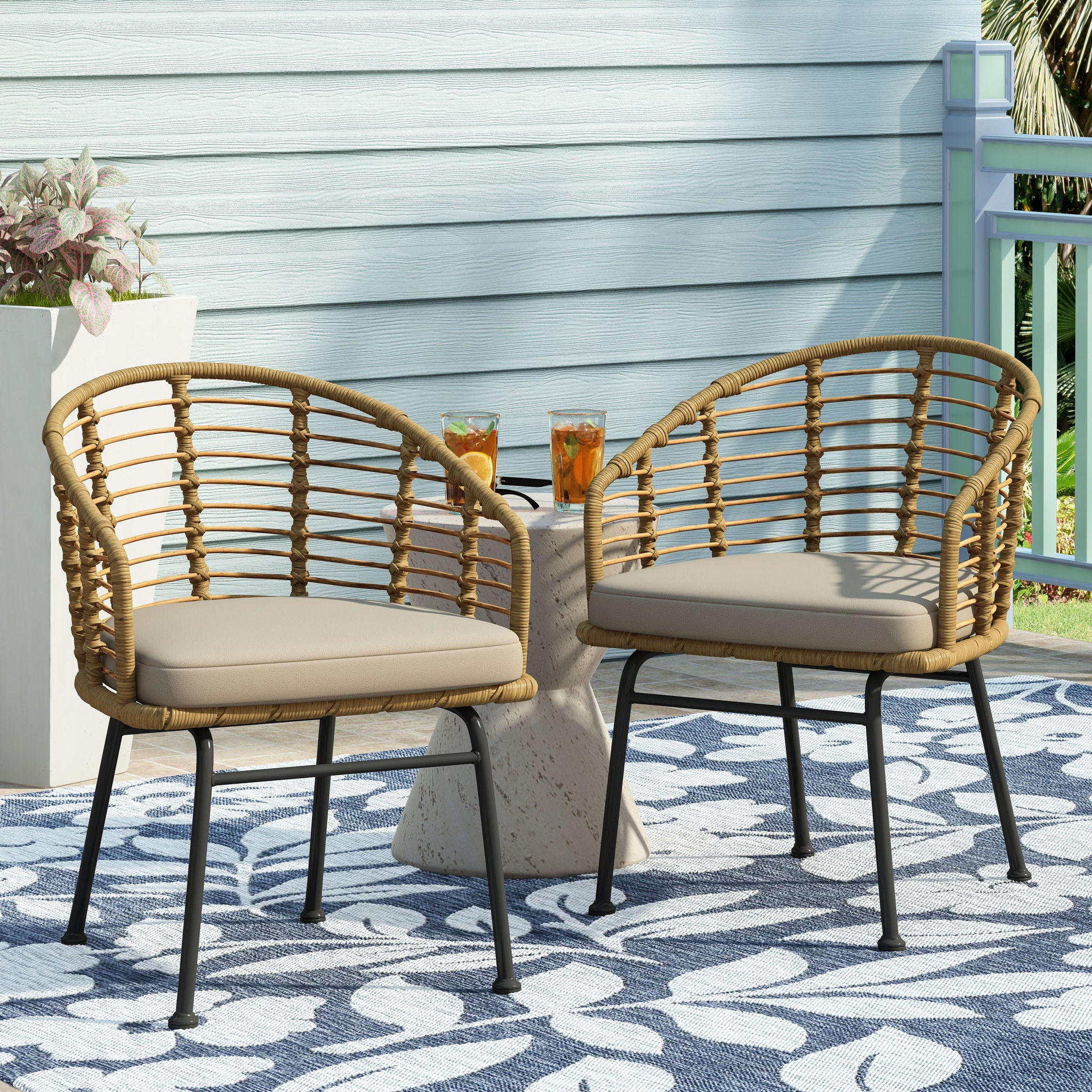 Randy - Modern Wicker Chair With Water Resistant Cushions - Brown / Beige