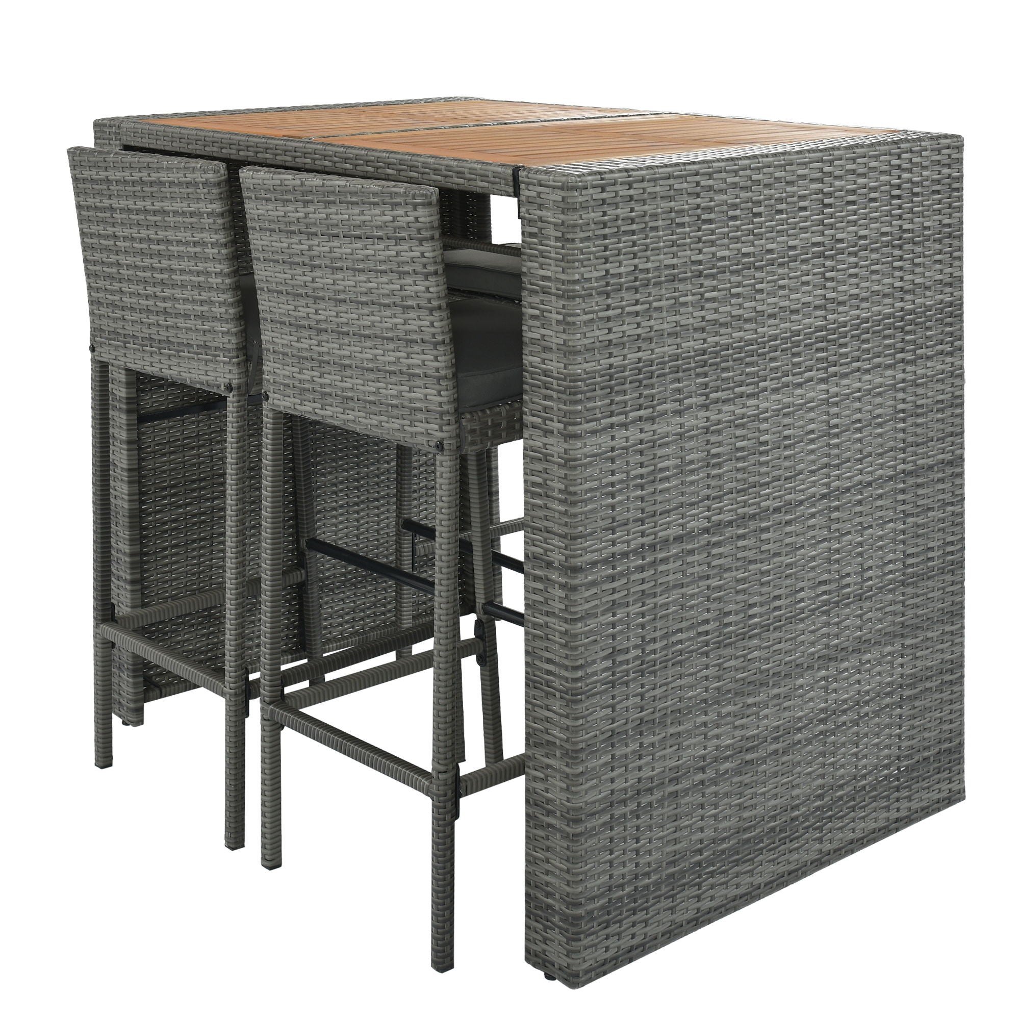 5 Pieces Outdoor Patio Wicker Bar Set, Bar Height Chairs With Non-Slip Feet And Fixed Rope, Removable Cushion, Acacia Wood Table Top - Brown / Gray