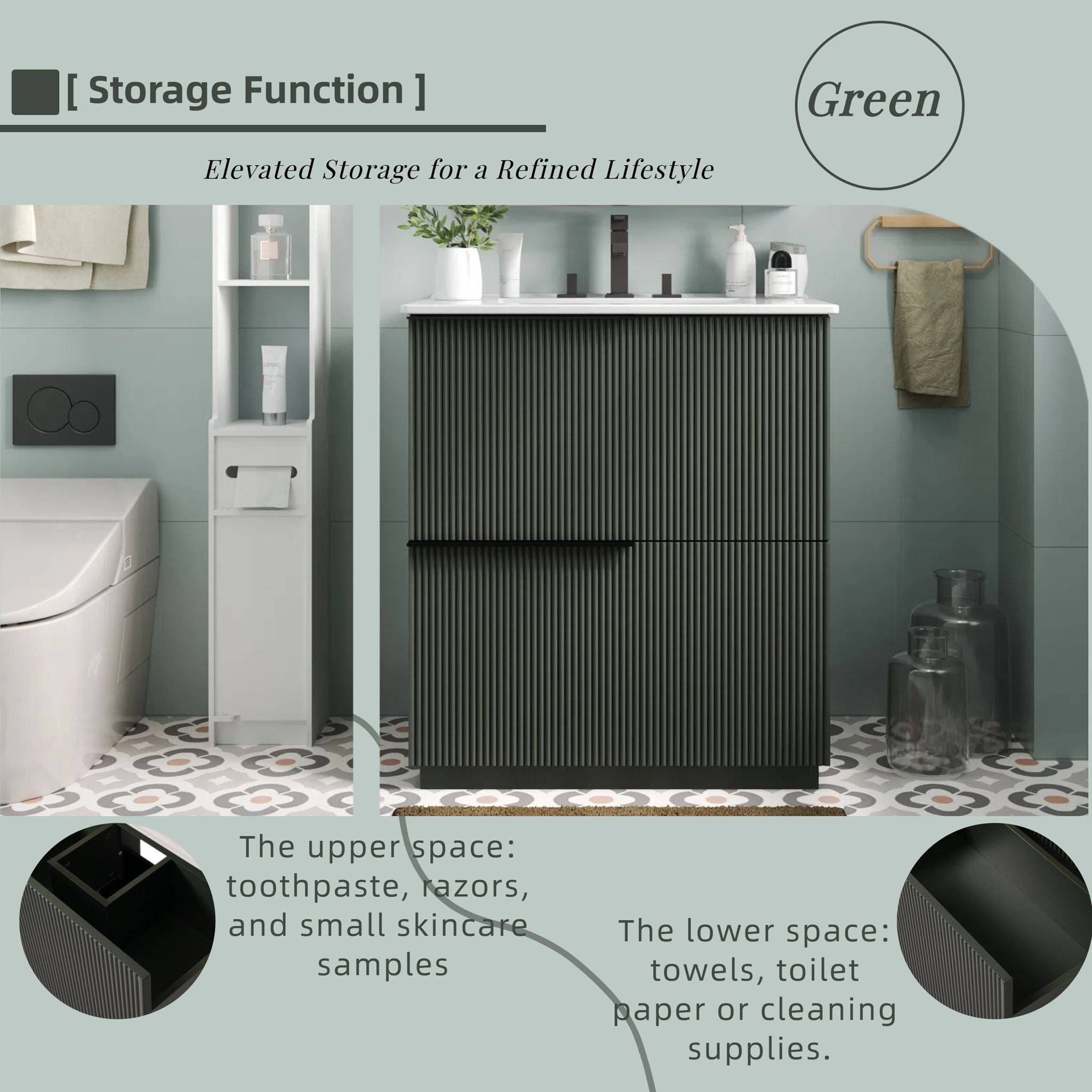 Fluted Bathroom Vanity With Ceramic Sink, Soft Close Slides