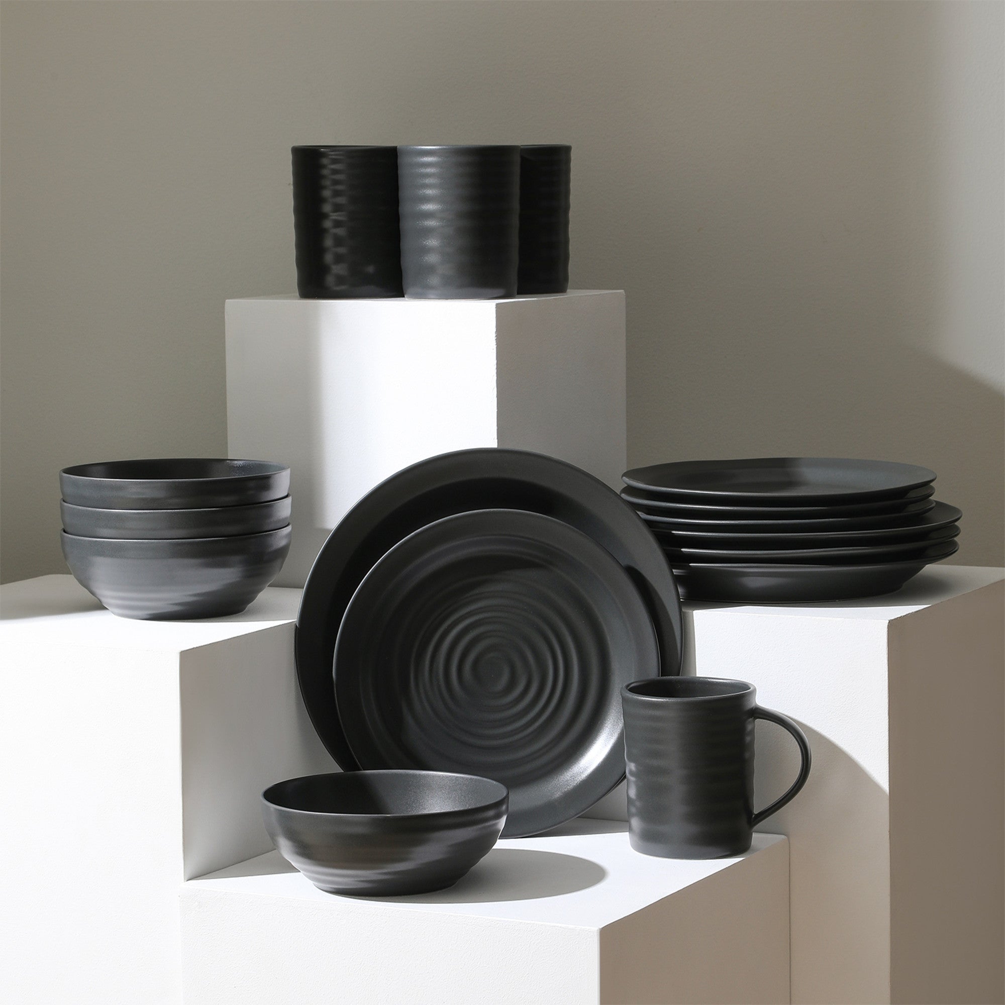 Orbit Stoneware Dinnerware Set with Cereal Bowls and Mugs - Charcoal