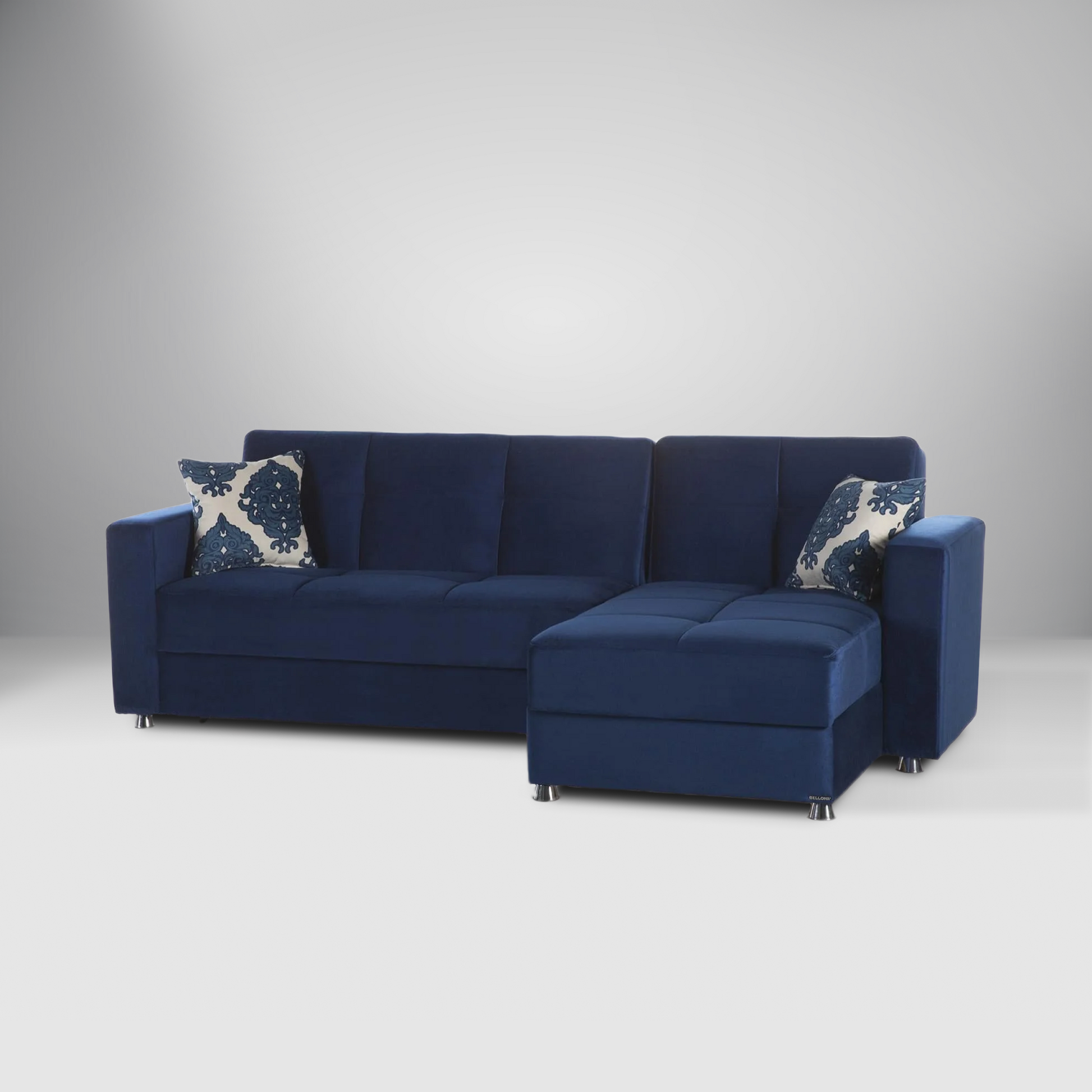 Elegant sectional featuring a modern design with royal blue velvet upholstery
