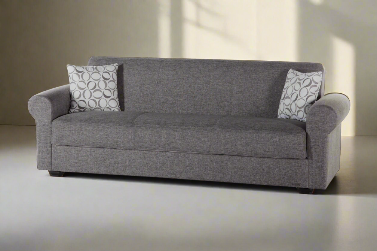Elita Armchair with modern round arms, textured performance fabric, and built-in storage for versatile comfort